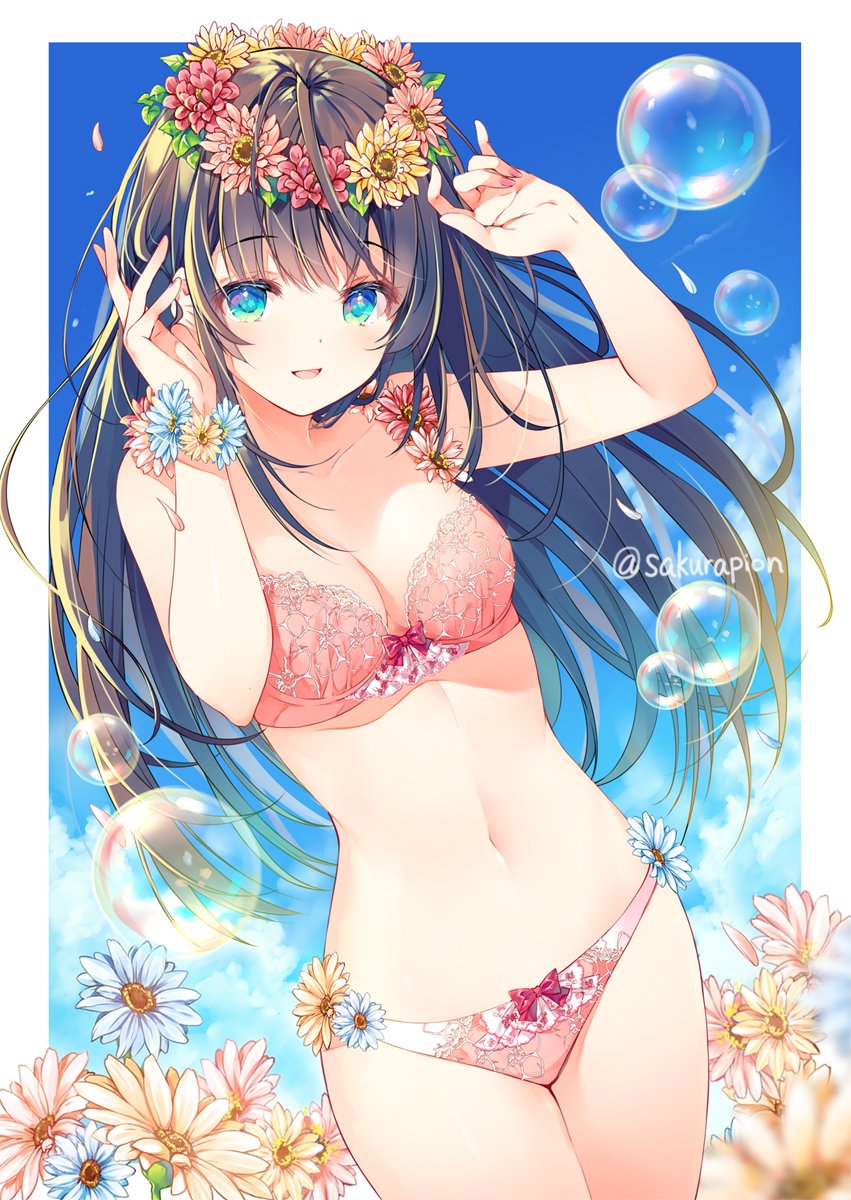 1girl :d bangs bare_arms bare_shoulders black_hair blue_eyes blue_sky blurry bow bow_bra bow_panties bra breasts bubble cleavage clouds collarbone cowboy_shot day depth_of_field flower flower_bracelet hands_up head_wreath highres long_hair looking_at_viewer medium_breasts miwabe_sakura nail_polish navel open_mouth original panties pink_bra pink_flower pink_nails pink_panties red_flower sidelocks sky smile solo standing stomach thighs twitter_username underwear underwear_only yellow_flower