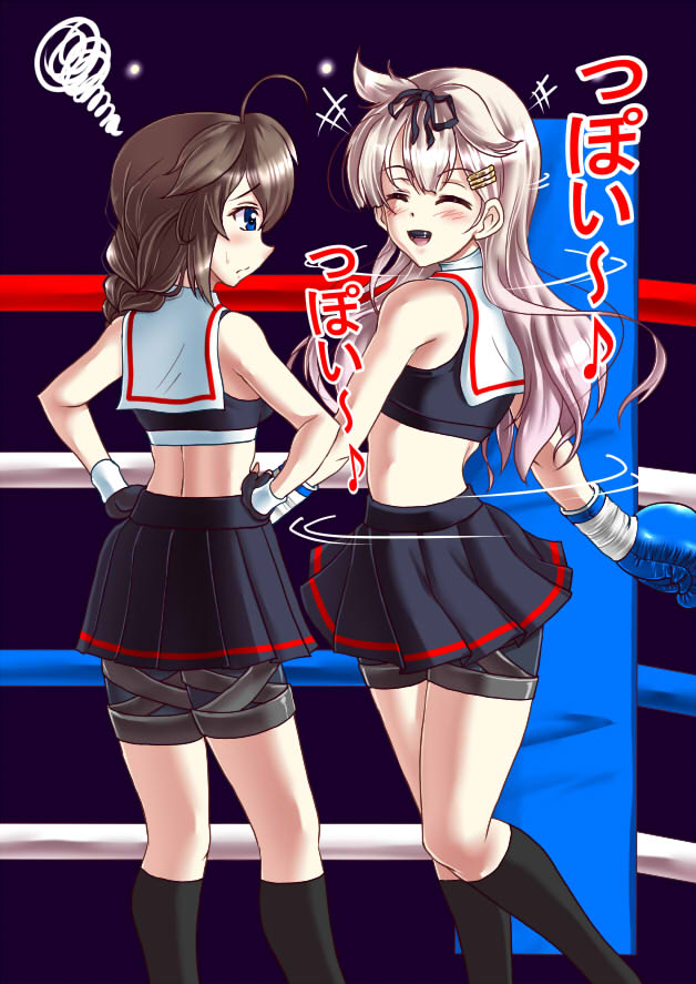 abs adapted_uniform ahoge boxing_gloves boxing_ring braid choker fingerless_gloves gloves hair_flaps hair_ornament hair_over_shoulder hair_ribbon hairclip kantai_collection long_hair remodel_(kantai_collection) ribbon santos shigure_(kantai_collection) single_braid skirt sports_bra translation_request yuudachi_(kantai_collection)