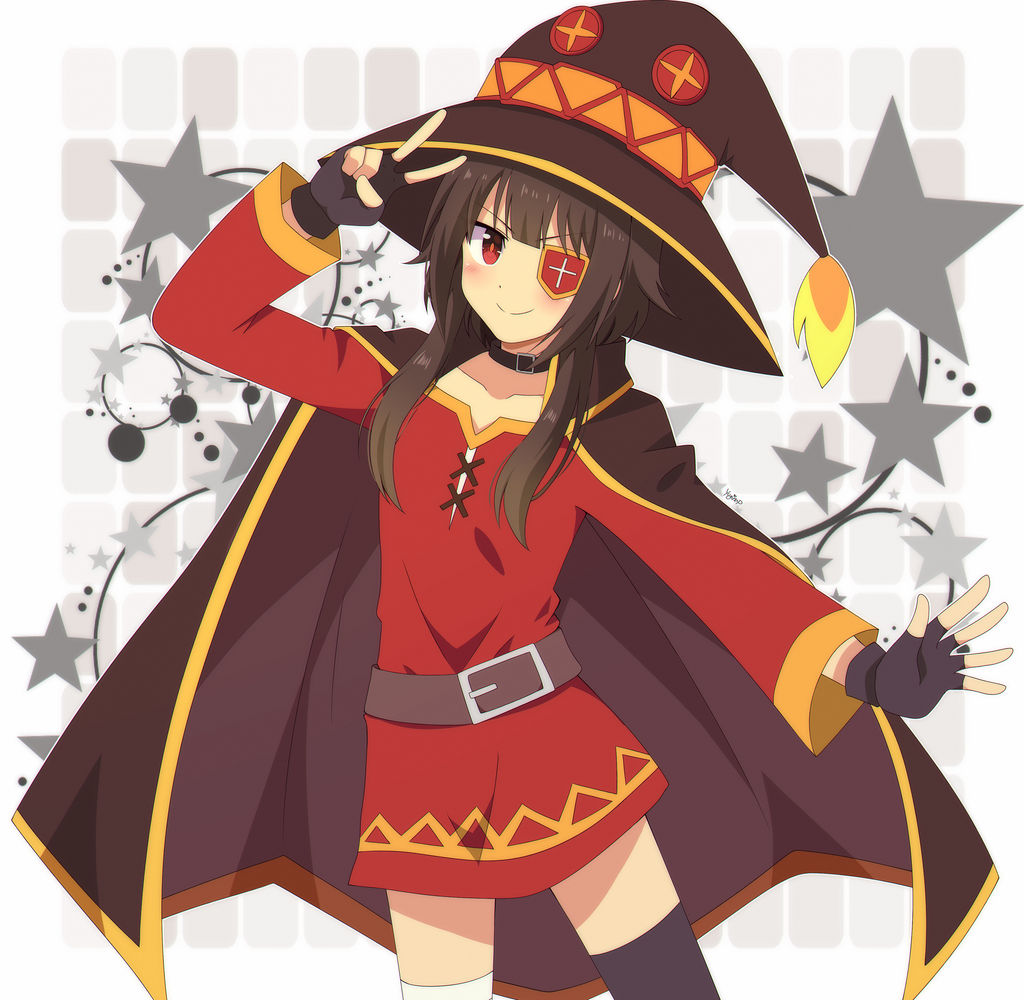 1girl bandage bandaged_leg bandages bangs bare_shoulders belt black_hair black_legwear blush caro-xy dress eyebrows_visible_through_hair eyepatch fingerless_gloves gloves hat kono_subarashii_sekai_ni_shukufuku_wo! looking_at_viewer megumin mismatched_legwear red_dress red_eyes short_hair single_thighhigh smile solo_focus thigh-highs v witch_hat