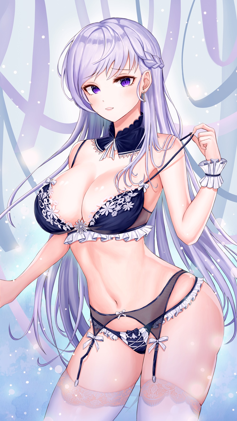 1girl azur_lane bare_shoulders belfast_(azur_lane) black_bra black_panties bra braid breasts cleavage commentary_request contrapposto cowboy_shot detached_collar earrings eyelashes french_braid frills garter_belt hand_up highres jewelry kottungyang large_breasts lingerie long_hair looking_at_viewer navel panties parted_lips silver_hair solo standing stomach strap_pull thigh-highs underwear underwear_only very_long_hair violet_eyes white_legwear wrist_cuffs