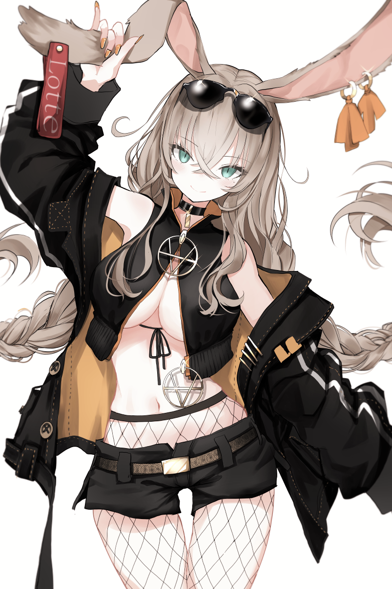 1girl animal_ears arm_up armpits bare_shoulders belt black_choker black_jacket black_shirt black_shorts braid breasts brown_hair choker cowboy_shot crop_top crop_top_overhang earrings eyewear_on_head fishnet_pantyhose fishnets floating_hair glint green_eyes highres holding_ears jacket jewelry large_breasts long_hair long_sleeves looking_at_viewer low_twintails midriff nail_polish naruwe navel off_shoulder open_clothes open_jacket orange_nails original pantyhose rabbit_ears shirt short_shorts shorts simple_background sleeveless sleeveless_shirt slit_pupils smile solo standing stomach sunglasses thighs twin_braids twintails under_boob very_long_hair white_background