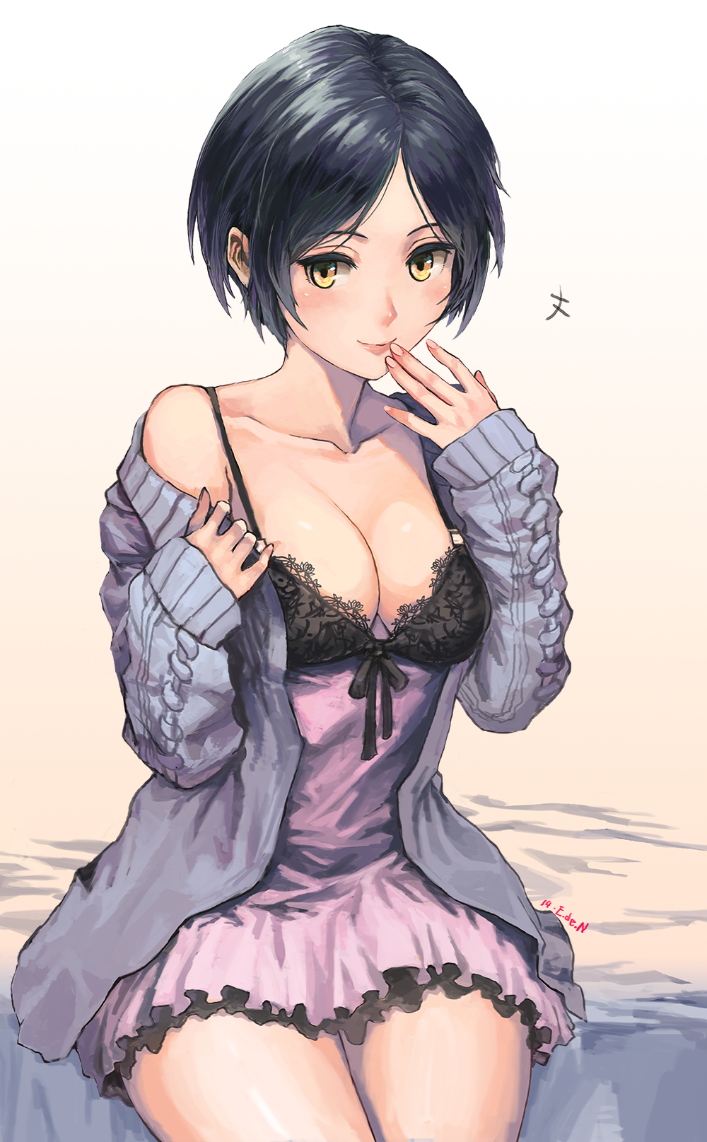 1girl bangs black_hair black_ribbon blush breasts cable_knit cardigan chemise cleavage collarbone cowboy_shot e.de.n eyebrows_visible_through_hair finger_to_mouth hayami_kanade highres idolmaster idolmaster_cinderella_girls lace_trim lingerie long_sleeves looking_at_viewer medium_breasts off_shoulder open_cardigan open_clothes parted_bangs ribbon short_hair signature sitting sleeves_past_wrists smile solo spaghetti_strap thighs underwear undressing yellow_eyes