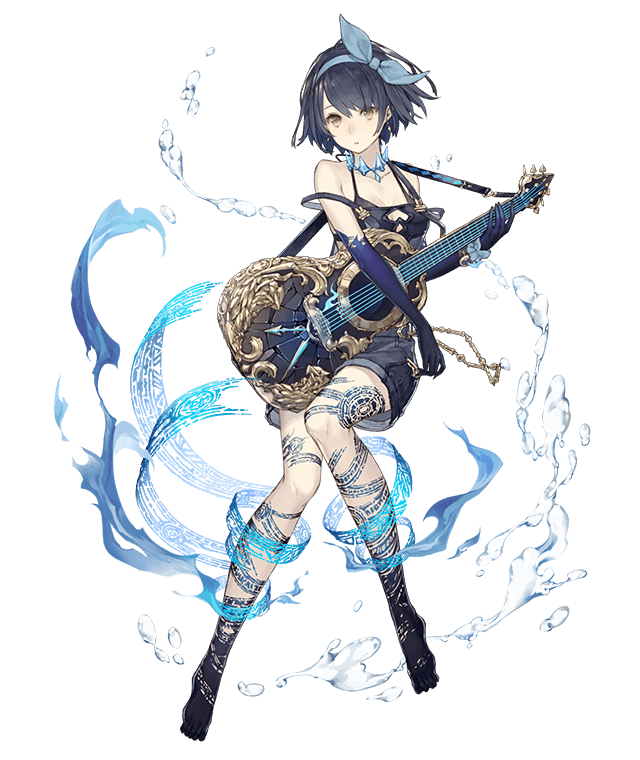 1girl alice_(sinoalice) barefoot blue_hair breasts choker earrings elbow_gloves eyebrows_visible_through_hair full_body gloves guitar hair_ribbon hairband instrument jewelry ji_no looking_at_viewer medium_breasts music official_art overalls playing_instrument ribbon short_hair shorts sinoalice solo suspenders suspenders_slip swimsuit swimsuit_under_clothes tattoo transparent_background water yellow_eyes