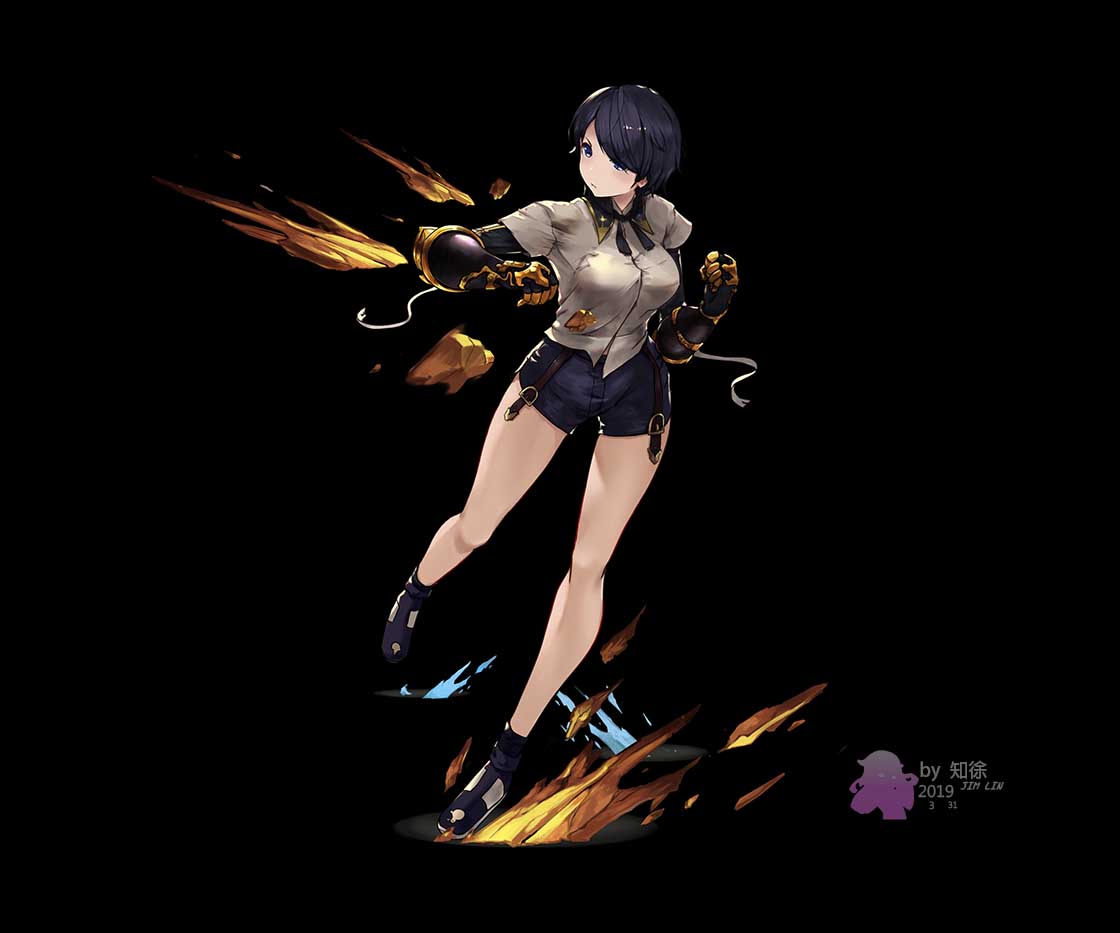 1girl bangs black_background black_footwear black_hair blue_eyes clenched_hand dated full_body gauntlets hand_up original punching qq0124678 rock shirt short_hair short_sleeves shorts simple_background solo standing swept_bangs white_shirt