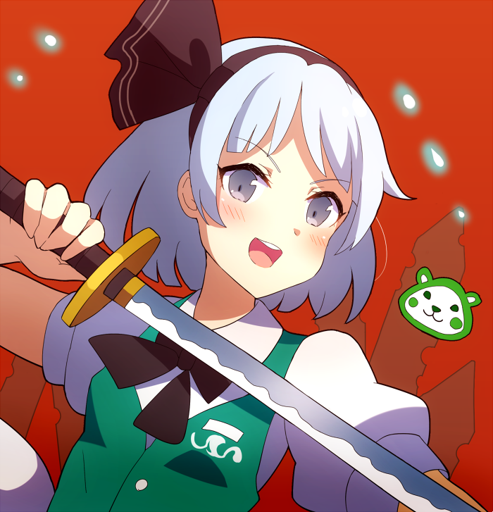 1girl 60mai :d bangs black_bow black_hairband black_neckwear black_ribbon blush bow bowtie breasts commentary_request eyebrows_visible_through_hair green_vest grey_eyes hair_ribbon hairband hitodama holding holding_sword holding_weapon katana konpaku_youmu konpaku_youmu_(ghost) looking_at_viewer open_mouth puffy_short_sleeves puffy_sleeves red_background ribbon shirt short_hair short_sleeves silver_hair simple_background small_breasts smile solo sword touhou upper_body vest weapon white_shirt
