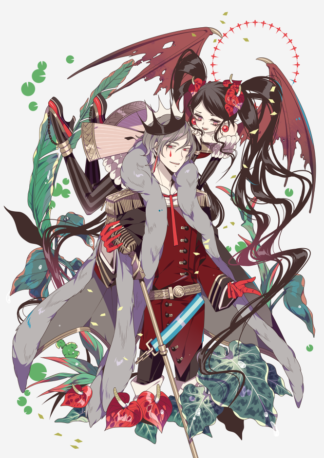1boy 1girl anthurium belt black_hair black_legwear bridal_gauntlets cloak commentary_request crown demon_girl demon_wings earrings epaulettes facial_mark feet_up floating flower fur_trim gloves grey_background grey_hair hair_flower hair_ornament high_heels holding holding_microphone jacket jewelry long_hair looking_at_another looking_at_viewer looking_down microphone microphone_stand official_art pale_skin pantyhose pink_eyes plant pointy_ears red_eyes red_footwear red_gloves red_jacket shikimi_(yurakuru) shoes simple_background striped striped_legwear tensei_zesshou_reference torn_wings twintails vertical-striped_legwear vertical_stripes very_long_hair wings