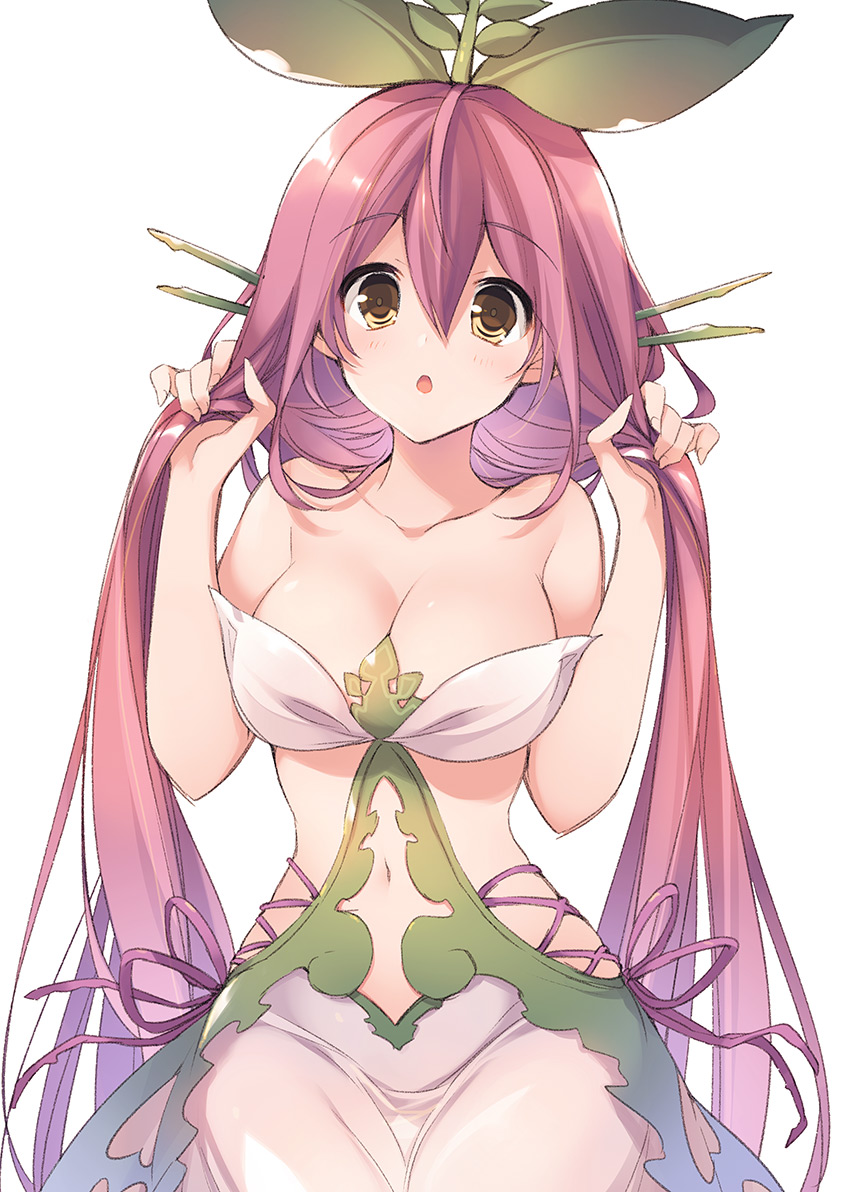 1girl :o bangs bare_arms bare_shoulders blush breasts brown_eyes bunching_hair cleavage collarbone cowboy_shot granblue_fantasy hair_between_eyes hands_up large_breasts leaf long_hair looking_at_viewer mizuno_(suisuiw) navel open_mouth plant_girl purple_hair revealing_clothes simple_background solo standing twintails very_long_hair white_background yggdrasil_(granblue_fantasy)