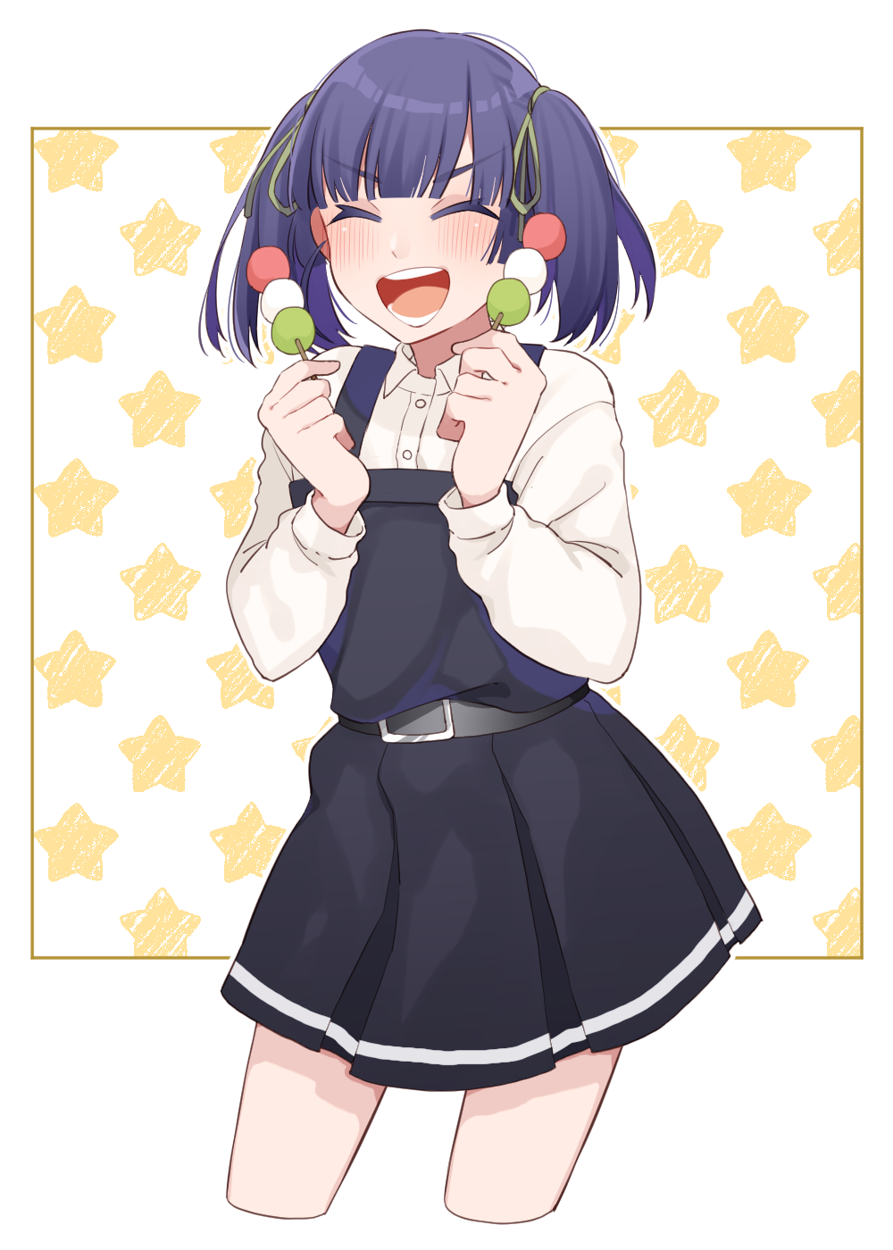1girl belt blue_hair closed_eyes cropped_legs dango dress food highres kantai_collection multicolored multicolored_background ooshio_(kantai_collection) open_mouth pinafore_dress remodel_(kantai_collection) school_uniform shirt short_twintails sleeveless sleeveless_dress smile solo standing star starry_background tanaka_io_(craftstudio) teeth twintails wagashi white_shirt