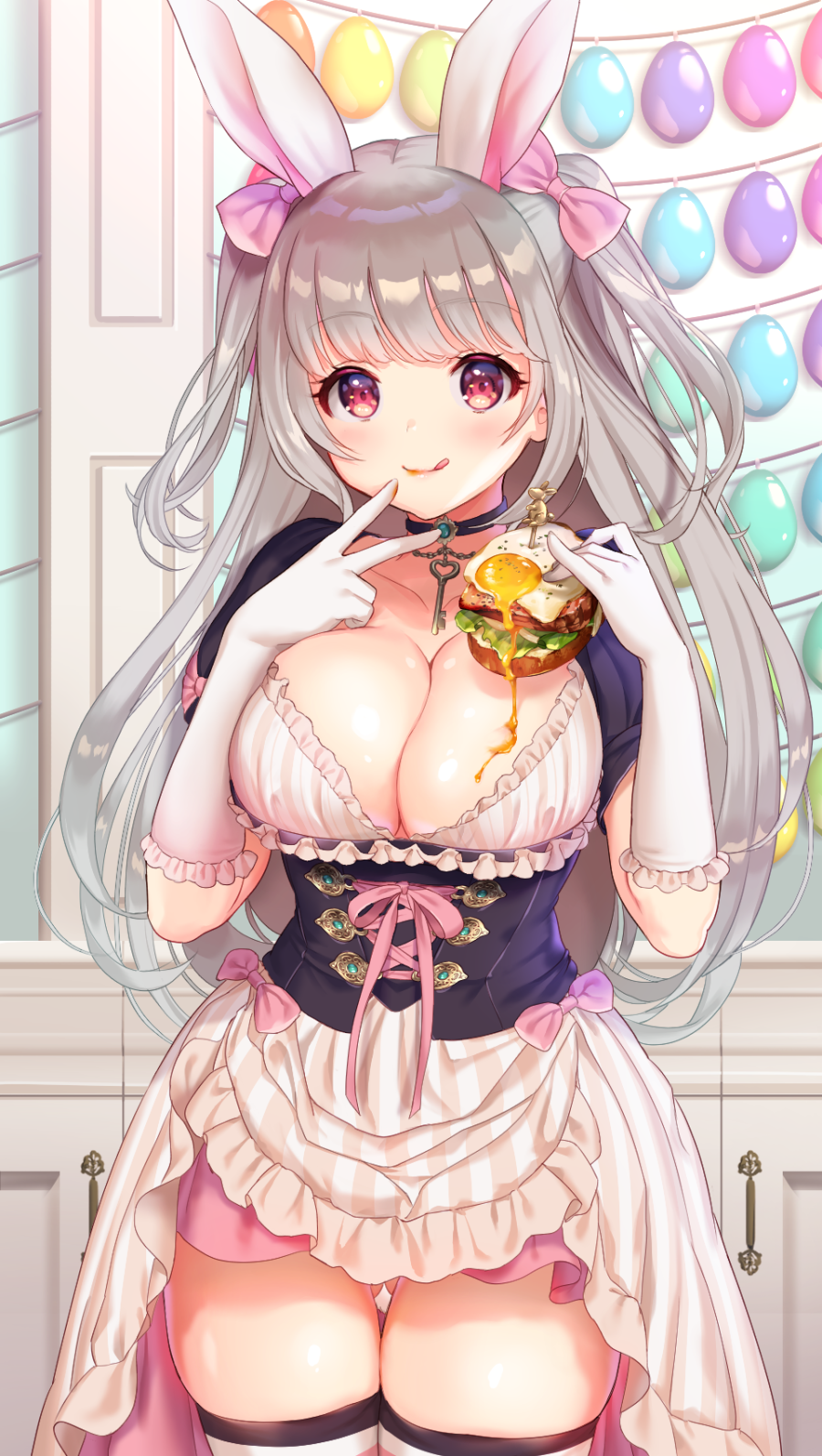 1girl :q animal_ears apron bacon balloon bangs black_choker bow breasts bunny_girl choker cleavage closed_mouth corset cowboy_shot dress elbow_gloves eyebrows_visible_through_hair food food_in_mouth food_on_breasts fried_egg frilled_dress frilled_gloves frills gloves gluteal_fold hair_bow highres holding holding_food key large_breasts long_hair looking_at_viewer original pico_(p_i_c_o) pink_bow rabbit_ears salad short_sleeves silver_hair skindentation smile solo striped striped_apron tareme thigh-highs tongue tongue_out two_side_up v vertical_stripes very_long_hair violet_eyes waist_apron white_dress white_gloves white_legwear
