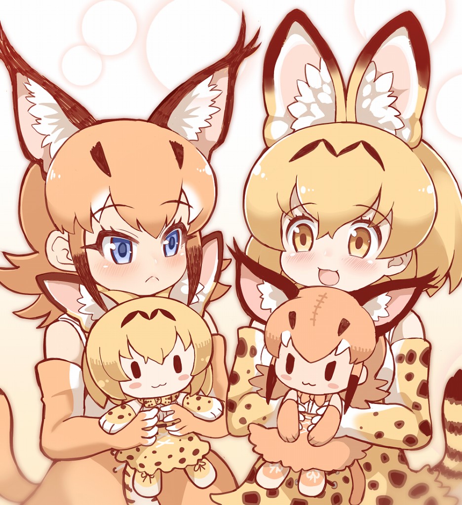 2girls :&lt; :3 animal_ear_fluff animal_ears bare_shoulders black_hair blonde_hair blue_eyes blush bow bowtie caracal_(kemono_friends) caracal_ears caracal_tail center_frills character_doll elbow_gloves extra_ears eyebrows_visible_through_hair frown gloves high-waist_skirt kemono_friends light_brown_hair long_hair multicolored_hair multiple_girls open_mouth print_gloves print_neckwear print_skirt serval_(kemono_friends) serval_ears serval_print serval_tail short_hair sidelocks skirt sleeveless stuffed_toy tail tanaka_kusao yellow_eyes