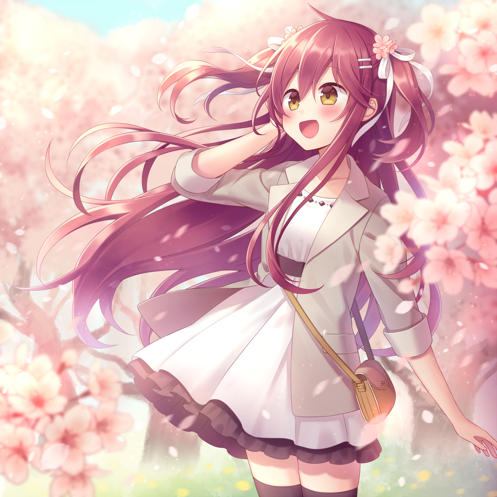 1girl :d amane_kurumi bag black_legwear blue_sky blurry blurry_foreground blush breasts brown_eyes cherry_blossoms collarbone commentary_request day depth_of_field dress flower grey_jacket hair_flower hair_ornament hair_ribbon hand_up jacket long_hair long_sleeves looking_away open_clothes open_jacket open_mouth original outdoors petals pink_flower redhead ribbon shoulder_bag sky small_breasts smile solo standing thigh-highs tree two_side_up very_long_hair white_dress white_ribbon wind