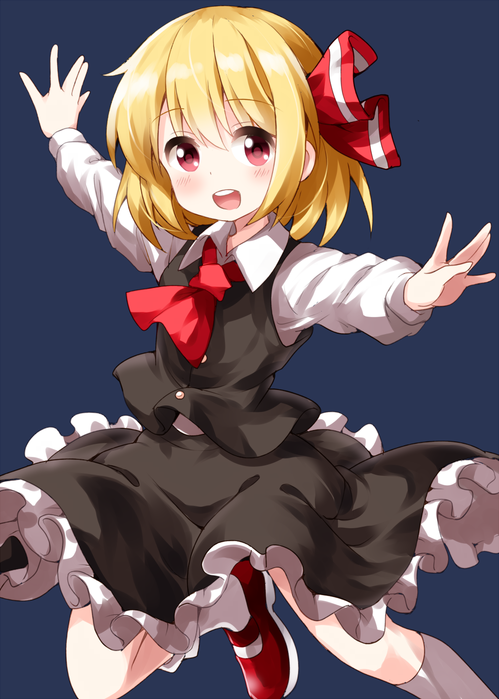 1girl :d ascot bangs black_hair black_skirt black_vest blonde_hair eyebrows_visible_through_hair eyes_visible_through_hair frilled_skirt frills hair_between_eyes hair_ribbon highres long_sleeves looking_at_viewer open_mouth outstretched_arms puffy_long_sleeves puffy_sleeves red_eyes red_neckwear red_ribbon ribbon round_teeth rumia ruu_(tksymkw) shirt shoes short_hair simple_background skirt skirt_set smile socks solo spread_arms teeth touhou upper_teeth vest white_legwear white_shirt wing_collar