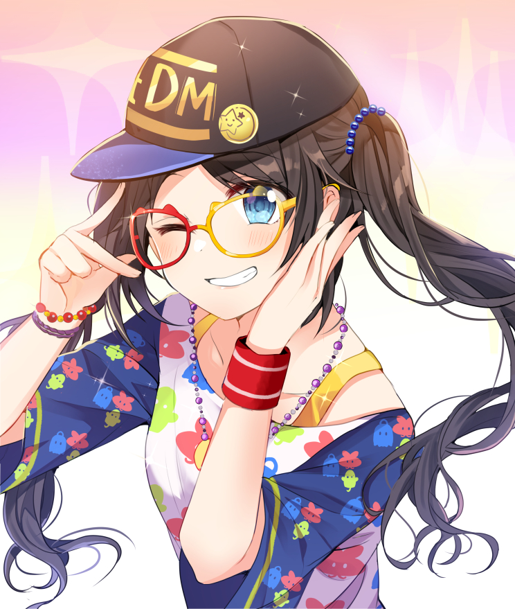 1girl ;d badge bangs baseball_cap bead_necklace beads black_headwear blue_eyes blue_sleeves blush bra_strap bracelet brown_hair button_badge chocho_(homelessfox) clothes_writing collarbone eyebrows_visible_through_hair glasses gradient gradient_background grin hair_beads hair_ornament hand_on_own_cheek hands_up hat idolmaster idolmaster_shiny_colors jewelry long_hair looking_at_viewer mitsumine_yuika necklace one_eye_closed open_mouth print_shirt red-framed_eyewear shirt short_sleeves smile solo sparkle star sweatband swept_bangs teeth upper_body v white_shirt wristband yellow-tinted_eyewear