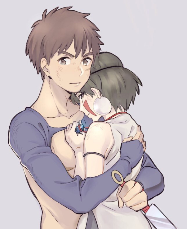 1boy 1girl ashitaka bare_arms blue_eyes blush breasts brown_hair closed_mouth commentary_request earrings facepaint facial_mark headband honoboooono hug jewelry knife looking_at_viewer mononoke_hime necklace san short_hair studio_ghibli