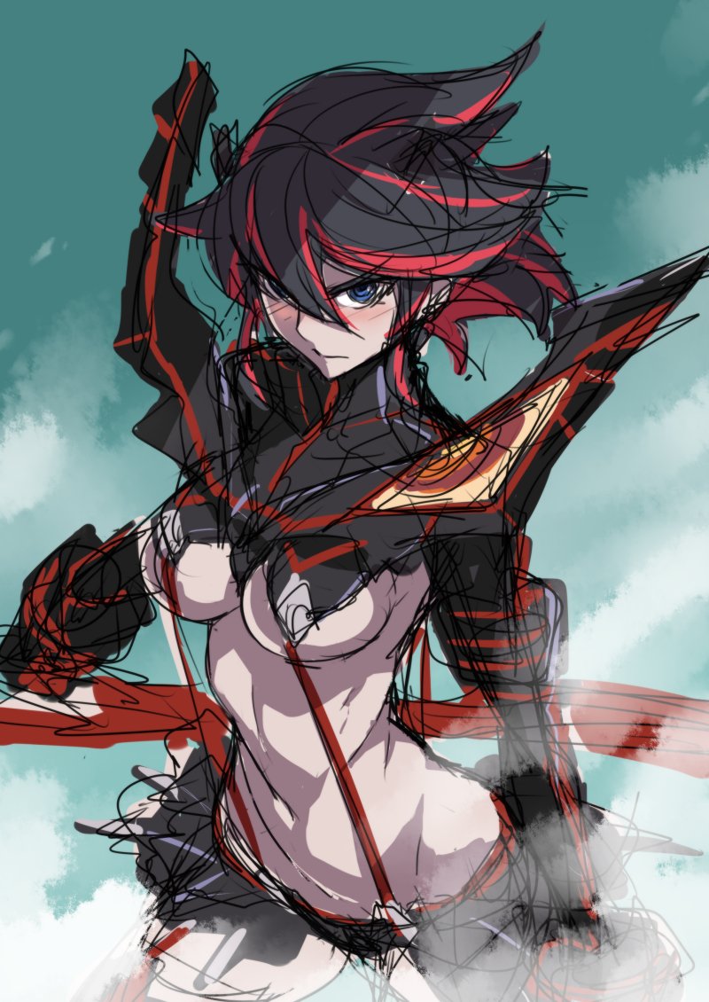 1girl ban blue_eyes blush breasts from_above junketsu kill_la_kill looking_at_viewer looking_up matoi_ryuuko miniskirt multicolored_hair navel pauldrons serious sketch skirt solo standing two-tone_hair under_boob weapon wind