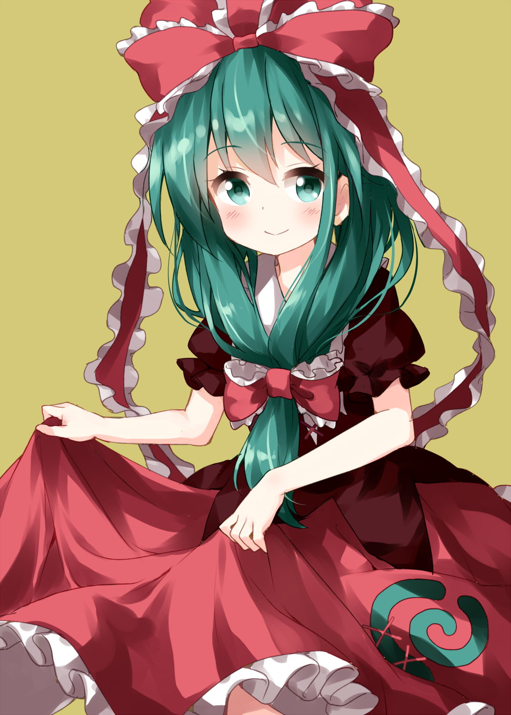 1girl bangs dress eyebrows_visible_through_hair frilled_ribbon frills front_ponytail green_background green_eyes green_hair hair_between_eyes hair_ribbon highres kagiyama_hina long_hair looking_at_viewer puffy_short_sleeves puffy_sleeves red_dress ribbon ruu_(tksymkw) short_sleeves simple_background skirt_hold smile solo touhou