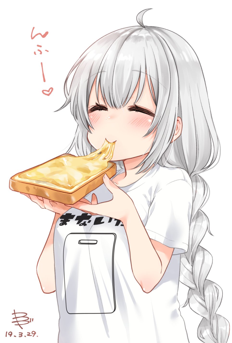 1girl ahoge blush braid cheese closed_eyes commentary_request dated eating eyebrows_visible_through_hair food highres kizuna_akari long_hair shirt short_sleeves silver_hair simple_background skskjogio2444 solo toast voiceroid white_background white_shirt