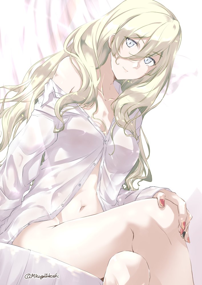 1girl blonde_hair bottomless grey_eyes kantai_collection legs_crossed long_hair looking_at_viewer mikage_takashi nail_polish naked_shirt navel no_hat no_headwear off_shoulder richelieu_(kantai_collection) shirt sitting smile solo twitter_username