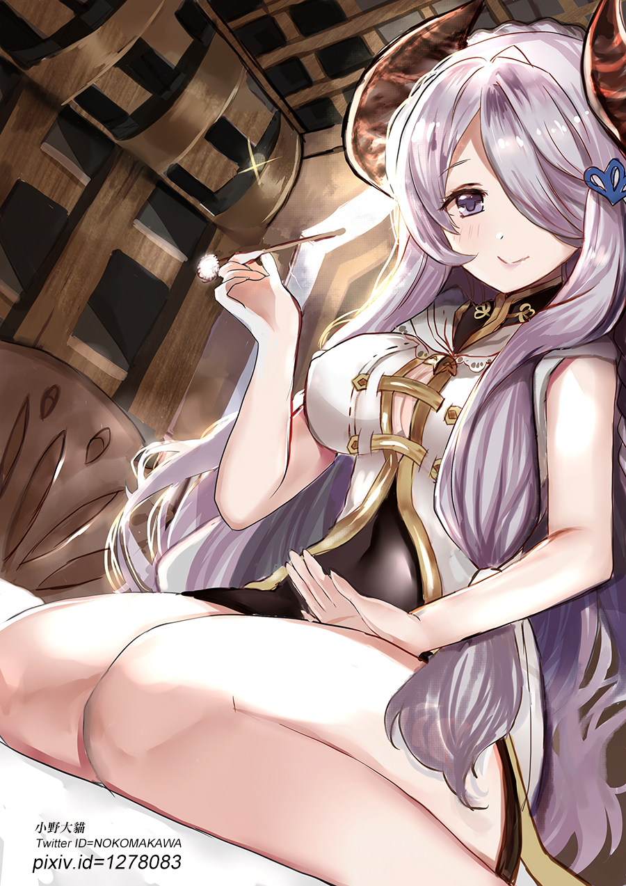 1girl bangs blush breasts cleavage closed_mouth collared_dress commentary_request curled_horns draph dress dutch_angle eyebrows_visible_through_hair granblue_fantasy hair_ornament hair_over_one_eye hand_up highres holding horns indoors lap_pillow_invitation large_breasts long_hair lunacats mimikaki narmaya_(granblue_fantasy) patting_lap pixiv_id purple_hair sitting smile solo twitter_username very_long_hair violet_eyes wariza white_dress