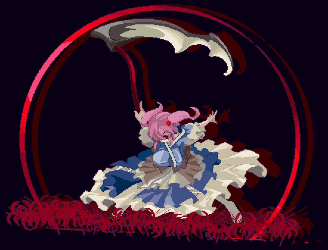 blue_dress dress looking_at_viewer machi onozuka_komachi pink_hair pose scythe simple_background touhou