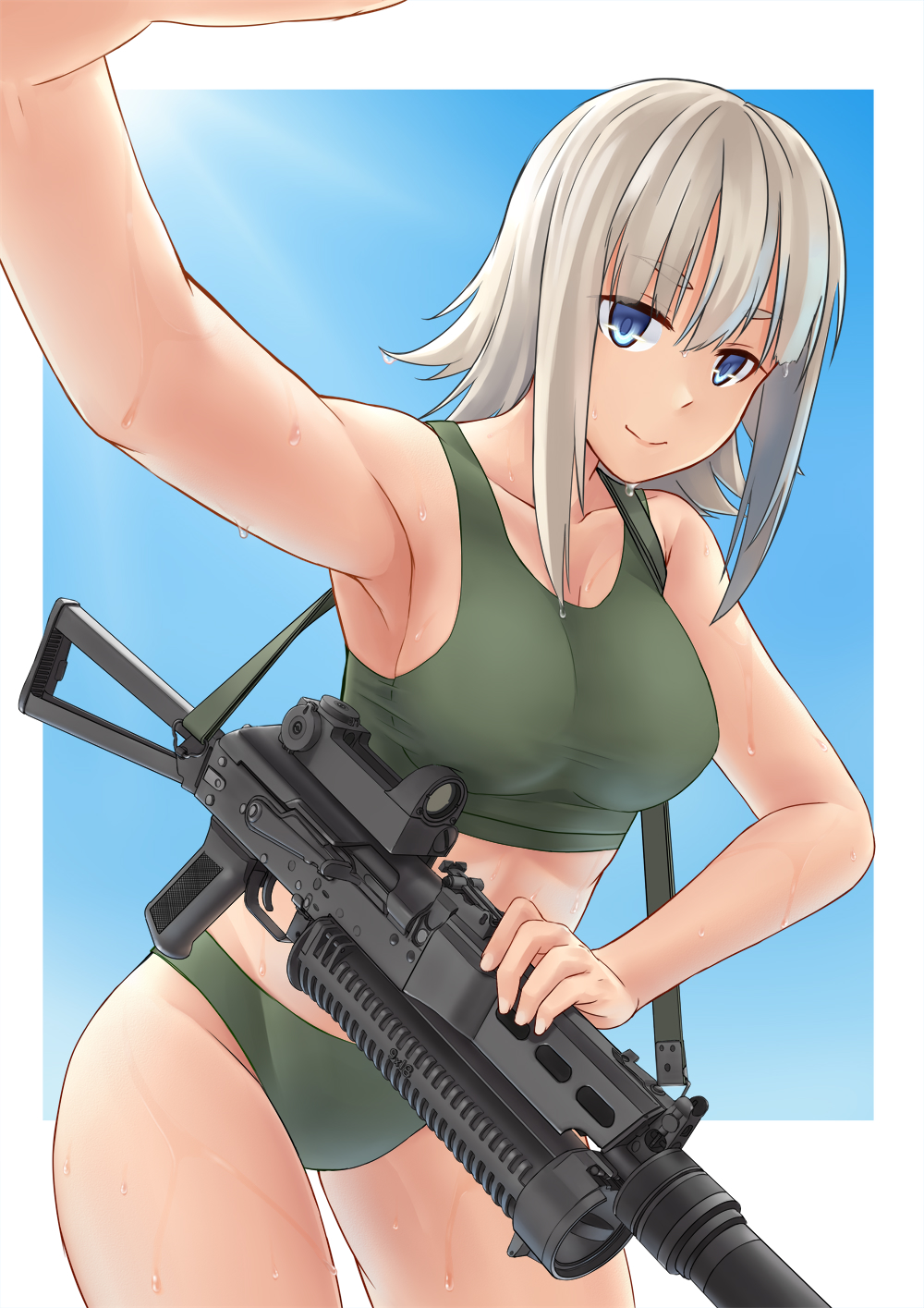 1girl armpits blue_eyes breasts cleavage commentary cowboy_shot eyebrows eyebrows_visible_through_hair firearm girls_frontline gun highres jpc looking_at_viewer medium_breasts pp-19_(girls_frontline) pp-19_bizon silver_hair simple_background sling_(weapon) smile solo sports_bikini standing submachine_gun suppressor sweat weapon