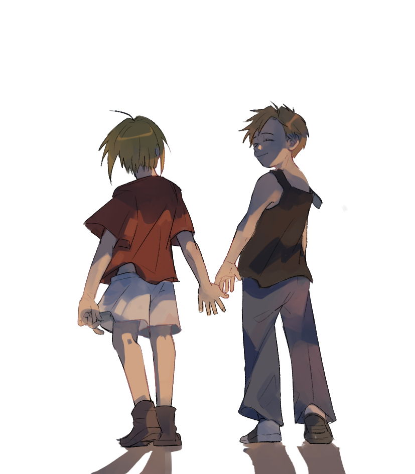 2boys ^_^ ahoge alphonse_elric arms_at_sides black_shirt brothers brown_footwear closed_eyes closed_eyes clothes_lift edward_elric esu_(825098897) facing_away fingernails full_body fullmetal_alchemist happy looking_back male_focus multiple_boys pants red_shirt shadow shirt short_sleeves shorts siblings simple_background sleeveless sleeveless_shirt smile standing standing_on_one_leg white_background younger