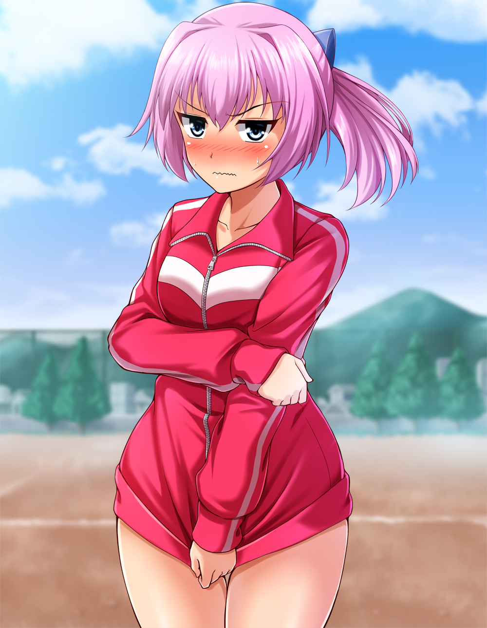 1girl alternate_costume blue_eyes blue_sky blush breasts closed_mouth clouds eyebrows_visible_through_hair hair_between_eyes highres jacket kantai_collection mountain naked_track_jacket no_panties no_pants pink_hair ponytail shiranui_(kantai_collection) sky small_breasts solo sportswear sweatdrop track_jacket tree wavy_mouth zanntetu