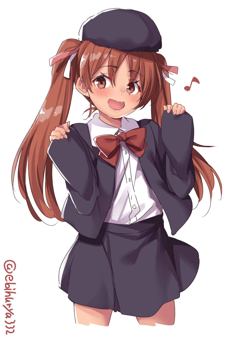 1girl alternate_costume bangs blush bow bowtie brown_eyes brown_hair child collared_shirt commentary_request cowboy_shot cropped_legs ebifurya eyebrows_visible_through_hair fang hair_between_eyes hair_ornament hair_ribbon hat highres kantai_collection libeccio_(kantai_collection) long_hair long_sleeves looking_at_viewer musical_note open_mouth red_ribbon ribbon shirt simple_background skirt smile solo standing tan twintails twitter_username white_background white_ribbon white_shirt