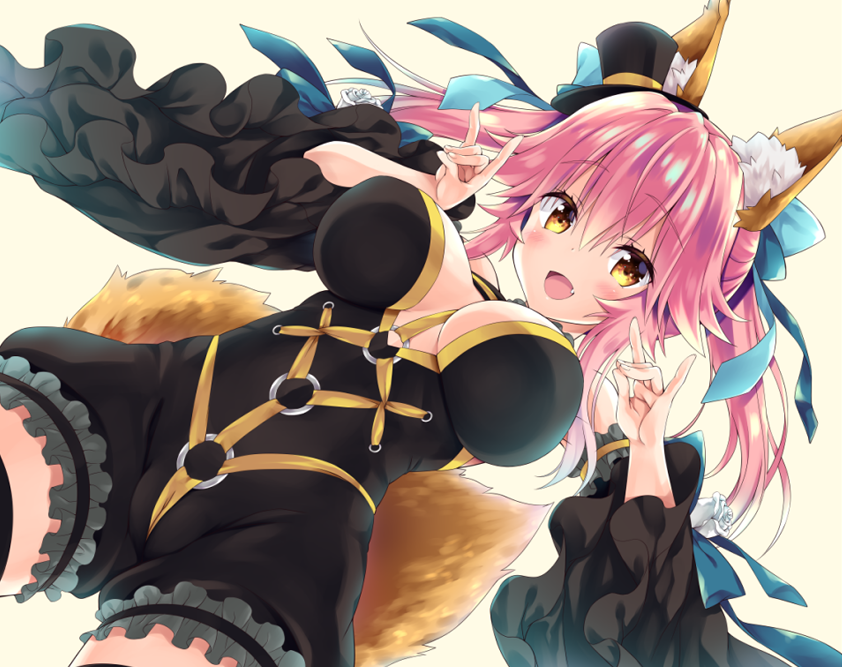 animal_ear_fluff animal_ears black_dress breasts cleavage dress fate/extra fate/grand_order fate_(series) fox_ears fox_girl hat large_breasts looking_at_viewer pink_hair ribbon sasorigatame simple_background tail tamamo_(fate)_(all) tamamo_no_mae_(fate) top_hat yellow_eyes