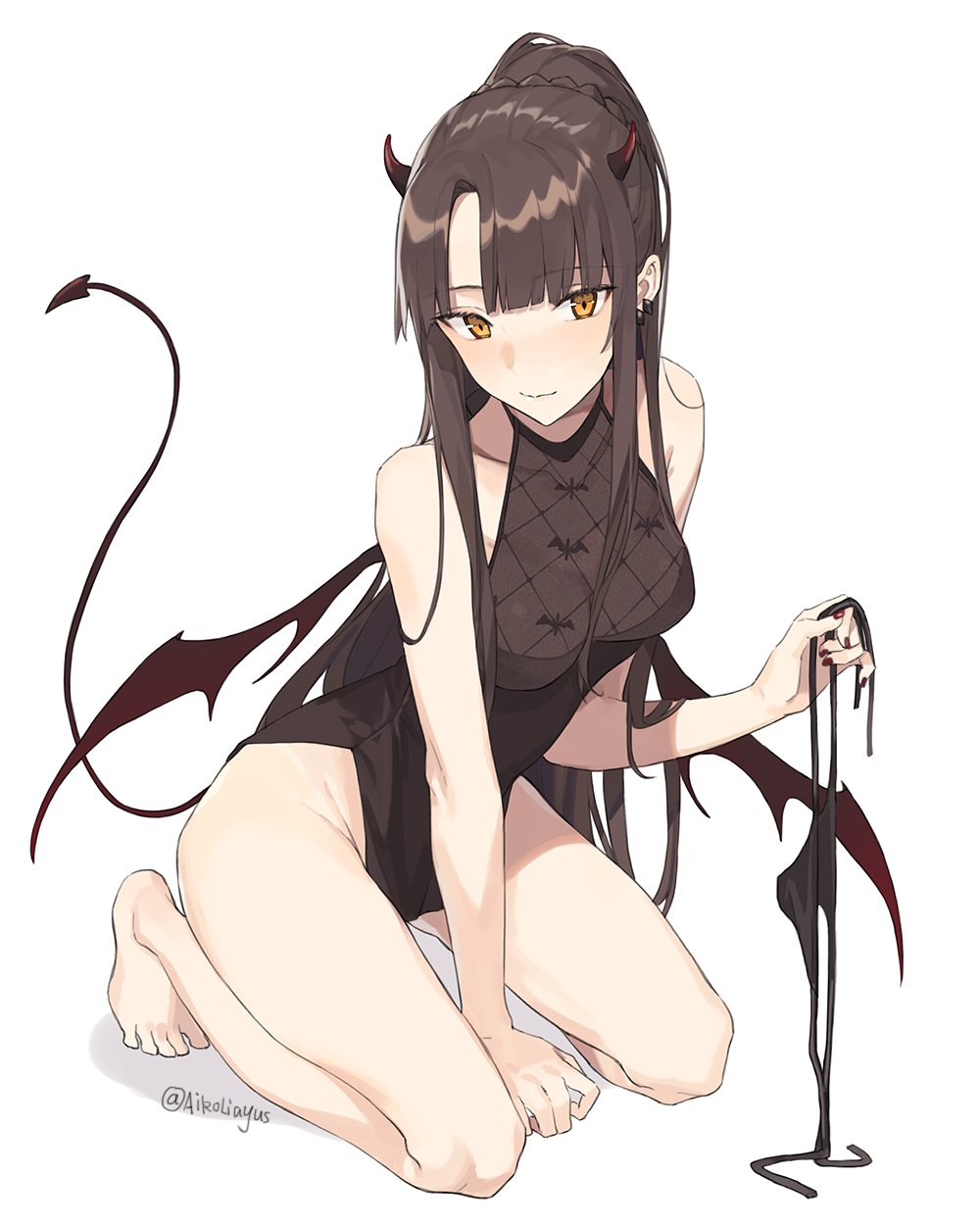 1girl aiko_(kanl) bare_arms bare_legs bare_shoulders barefoot black_panties braid breasts brown_hair brown_leotard closed_mouth collarbone demon_girl demon_horns demon_tail demon_wings earrings highres holding horns jewelry kneeling leotard long_hair looking_at_viewer medium_breasts nail_polish orange_eyes original panties panties_removed ponytail red_nails shadow side-tie_panties sidelocks simple_background solo tail thighs twitter_username underwear very_long_hair white_background wings