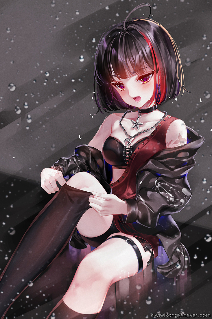 1girl :o ahoge bang_dream! bangs bare_shoulders black_choker black_hair black_jacket black_legwear black_shorts blurry blush breasts chains choker cleavage collarbone commentary_request crop_top dressing earrings jacket jewelry kiwikong knee_up kneehighs leg_belt looking_at_viewer medium_breasts mismatched_legwear mitake_ran multicolored_hair naver_username necklace off_shoulder open_clothes open_jacket open_mouth red_eyes redhead short_hair short_shorts shorts single_kneehigh single_strap single_thighhigh sitting solo streaked_hair thigh-highs thighs water_drop wet