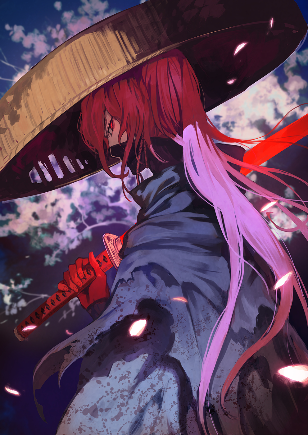 1boy ajirogasa fate/grand_order fate_(series) hat highres katana lack long_hair male_focus mask okada_izou_(fate) over_shoulder petals red_eyes redhead sword weapon weapon_over_shoulder