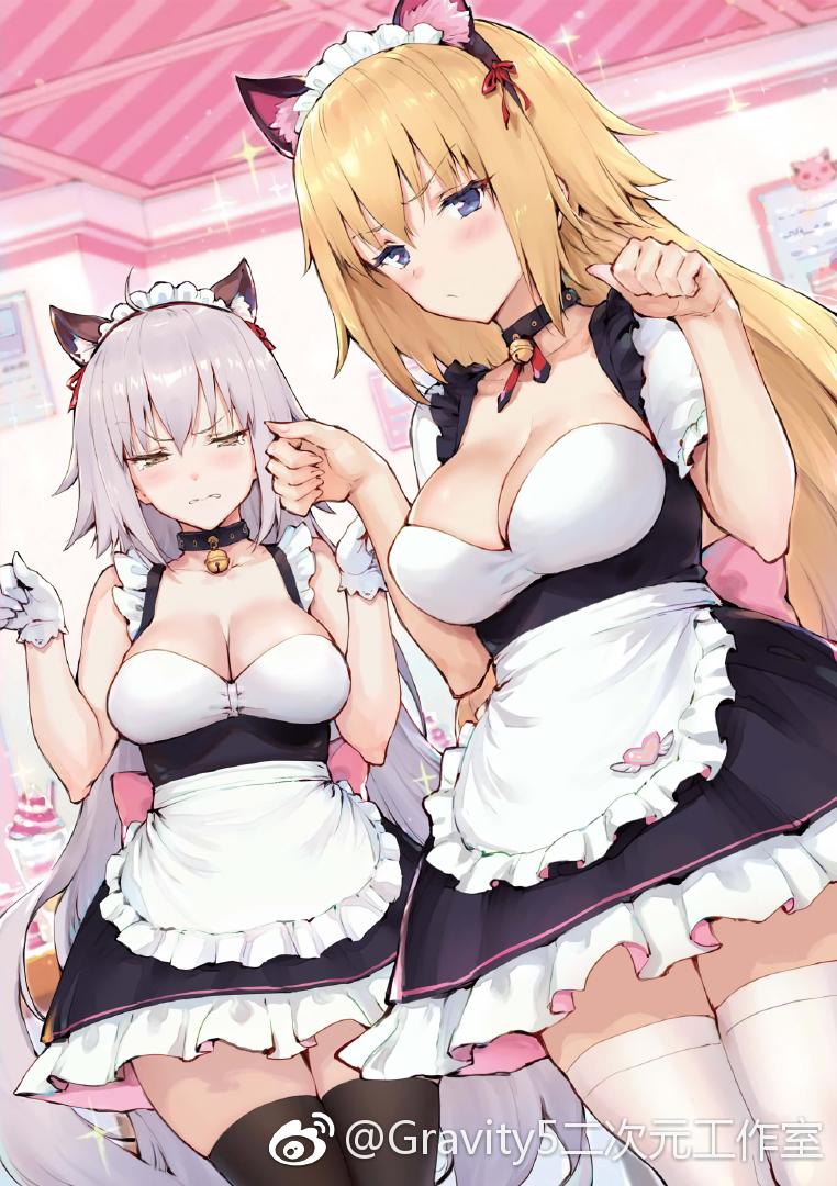 2girls animal_ears apron bare_shoulders bell bell_choker black_legwear blonde_hair blue_eyes blush breasts brown_eyes cat_ears choker cleavage cropped dutch_angle embarrassed eyebrows_visible_through_hair fake_animal_ears fate/grand_order fate_(series) gloves hairband haoni indoors jeanne_d'arc_(alter)_(fate) jeanne_d'arc_(fate)_(all) jingle_bell large_breasts long_hair looking_at_viewer maid_headdress multiple_girls paw_pose pursed_lips silver_hair sparkle standing teardrop thigh-highs very_long_hair waist_apron watermark white_gloves white_legwear zettai_ryouiki