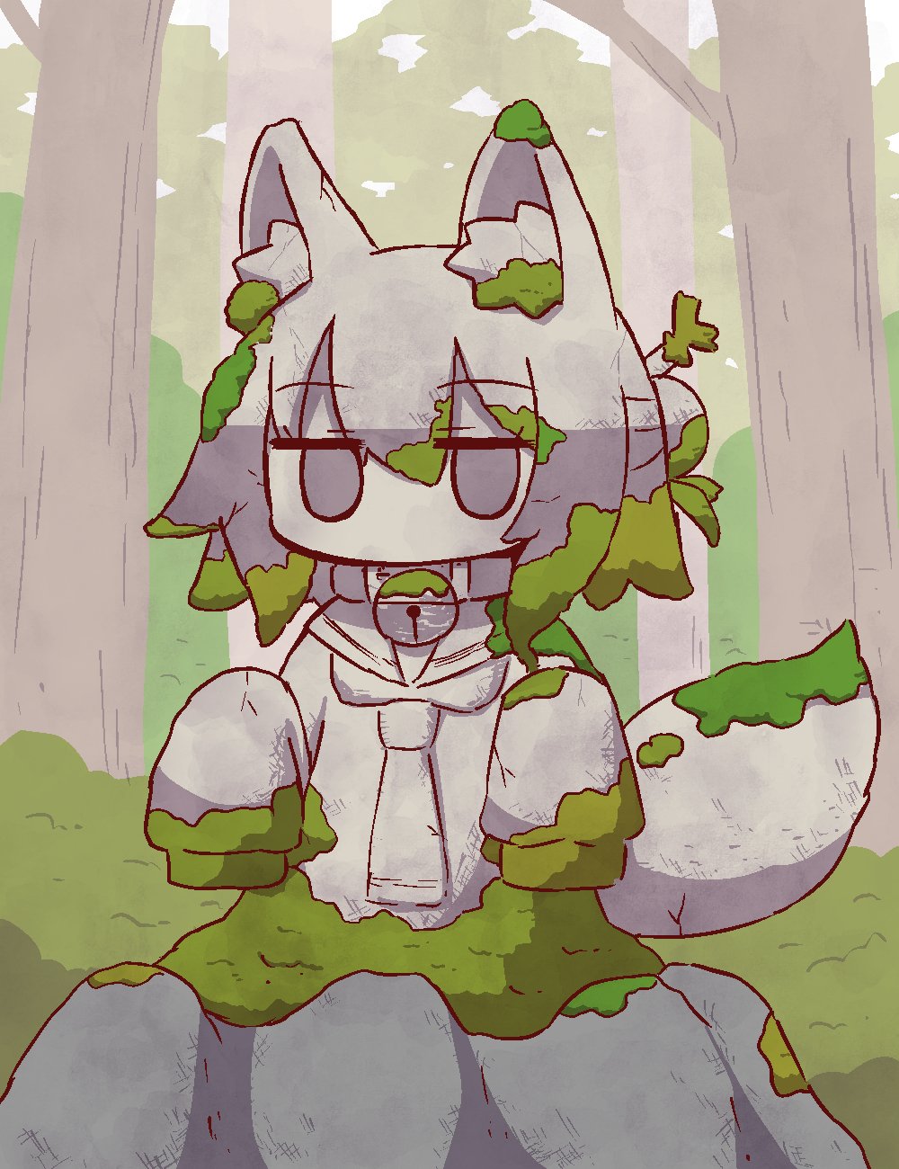 1girl animal_ear_fluff animal_ears bangs bell bell_collar bush collar commentary_request day eyebrows_visible_through_hair forest fox_ears fox_girl fox_tail hair_between_eyes hair_bun hair_ornament highres jingle_bell kemomimi-chan_(naga_u) long_hair long_sleeves moss naga_u nature original outdoors sailor_collar sleeves_past_fingers sleeves_past_wrists solo statue tail tree