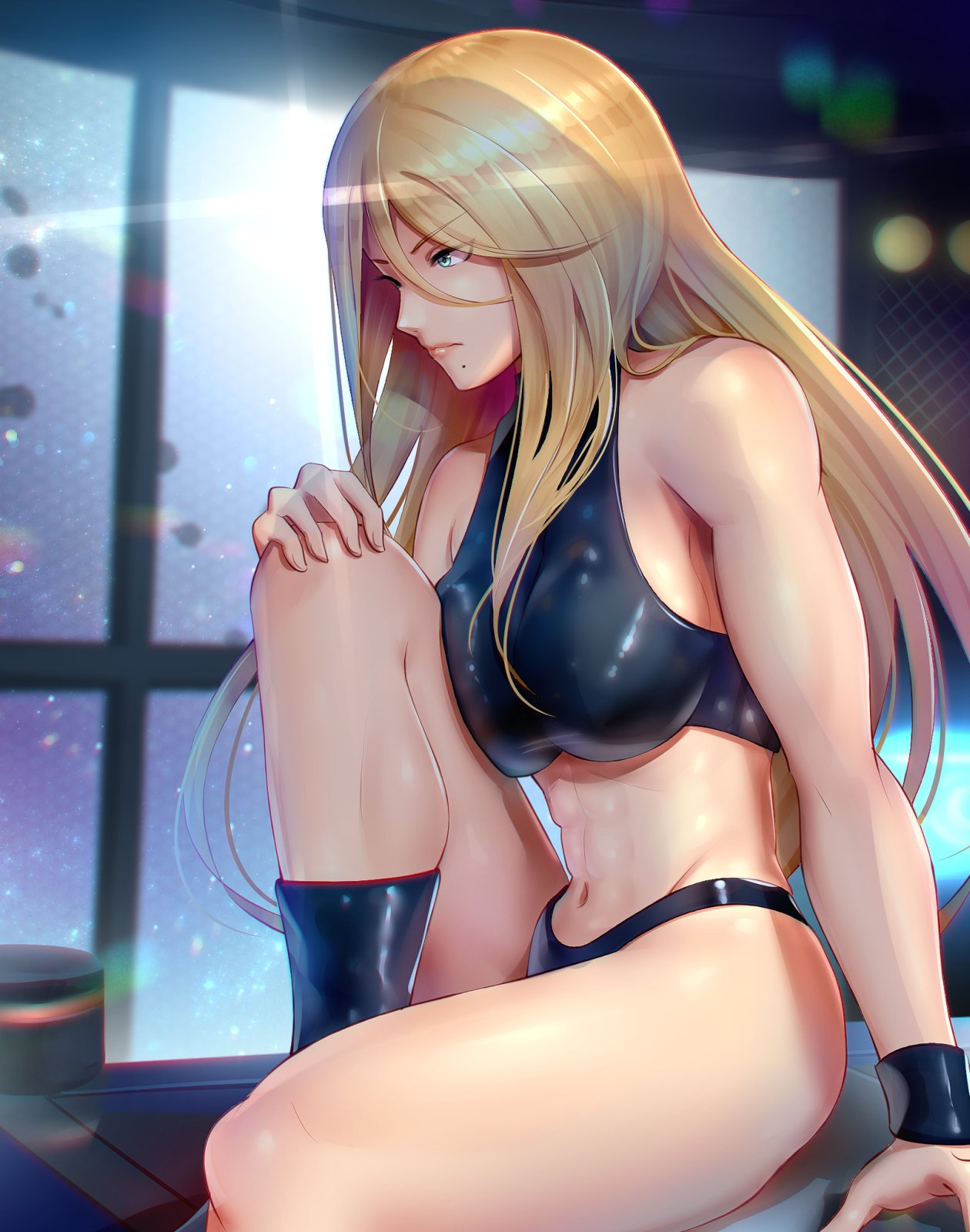 1girl abs asteroids blonde_hair blue_eyes breasts gonzarez highres large_breasts long_hair metroid mole mole_under_mouth navel nintendo samus_aran sitting solo space_craft