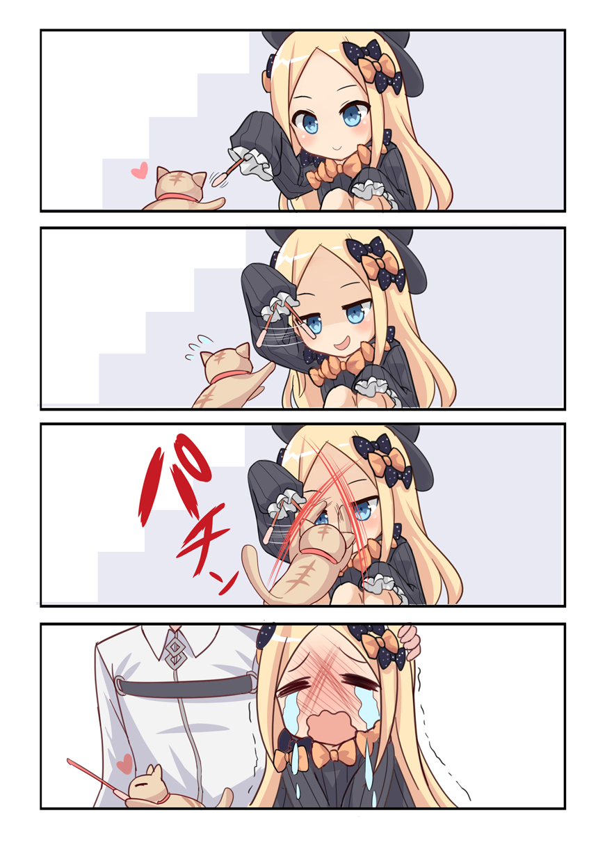 1boy 1girl 4koma :d =_= abigail_williams_(fate/grand_order) afterimage animal arm_up bangs black_bow black_dress black_headwear blonde_hair blue_eyes blush bow cat cat_teaser chaldea_uniform closed_eyes closed_mouth comic commentary crying dress fate/grand_order fate_(series) flying_sweatdrops forehead fujimaru_ritsuka_(male) hair_bow hat heart highres holding jacket long_hair long_sleeves open_mouth orange_bow parted_bangs polka_dot polka_dot_bow scratching shimokirin silent_comic sleeves_past_fingers sleeves_past_wrists smile squatting streaming_tears tears trembling uniform very_long_hair wavy_mouth white_jacket