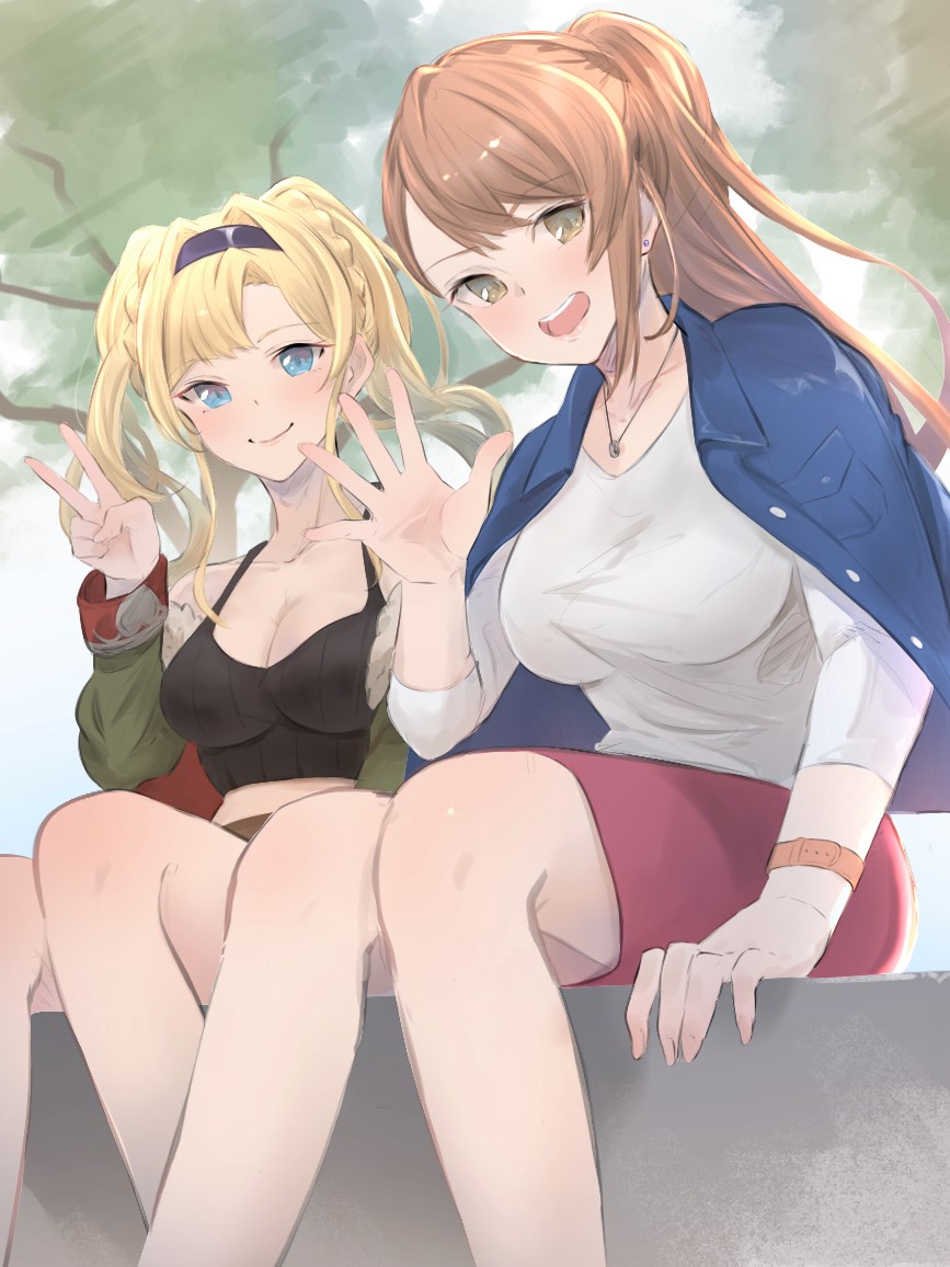 2girls :d bangs bare_shoulders beatrix_(granblue_fantasy) black_hairband blonde_hair blue_eyes blue_jacket braid breasts brown_eyes brown_hair cleavage contemporary earrings eyebrows_visible_through_hair granblue_fantasy green_jacket hair_intakes hairband jacket jacket_on_shoulders jewelry large_breasts long_sleeves miniskirt multiple_girls necklace open_mouth ponytail red_skirt renzu_(lens_02) shirt sitting skirt smile stud_earrings swept_bangs tank_top twintails v watch watch white_shirt zeta_(granblue_fantasy)