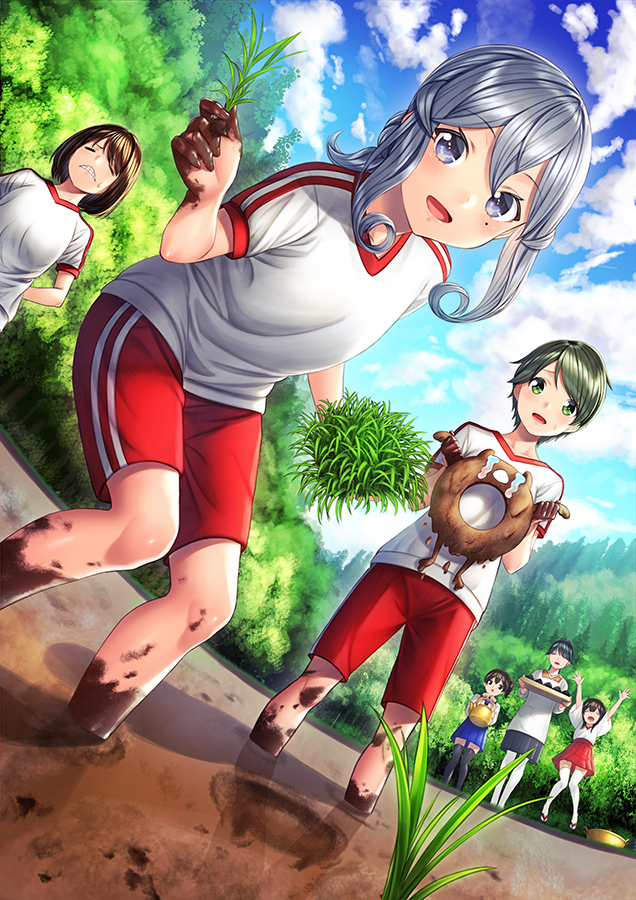 6+girls akagi_(kantai_collection) alternate_costume arms_up bangs black_hair black_legwear blue_eyes blue_hair blush brown_eyes brown_hair closed_eyes closed_mouth clouds collarbone commentary_request crying dirty enemy_lifebuoy_(kantai_collection) eyebrows_visible_through_hair field gotland_(kantai_collection) green_eyes green_hair gym_uniform hair_between_eyes hair_bun hakama_skirt holding holding_tray houshou_(kantai_collection) hyuuga_(kantai_collection) japanese_clothes kaga_(kantai_collection) kantai_collection kettle kyon_(fuuran) long_hair looking_at_viewer mogami_(kantai_collection) mole mole_under_eye mountain mud multiple_girls open_mouth outdoors planting rice_paddy shirt short_hair short_sleeves shorts side_ponytail skirt sky smile standing swept_bangs tears thigh-highs tray tree white_legwear white_shirt younger