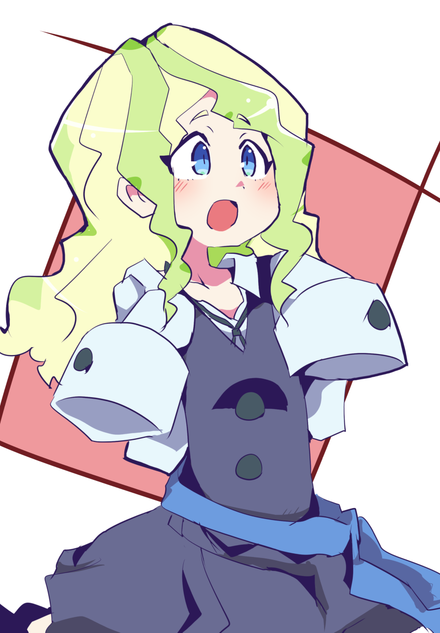 1girl age_regression blue_eyes blush diana_cavendish eyebrows_visible_through_hair flat_chest highres hys-d light_green_hair little_witch_academia long_hair long_sleeves luna_nova_school_uniform multicolored_hair open_mouth oversized_clothes school_uniform sleeves_past_fingers sleeves_past_wrists solo two-tone_hair younger