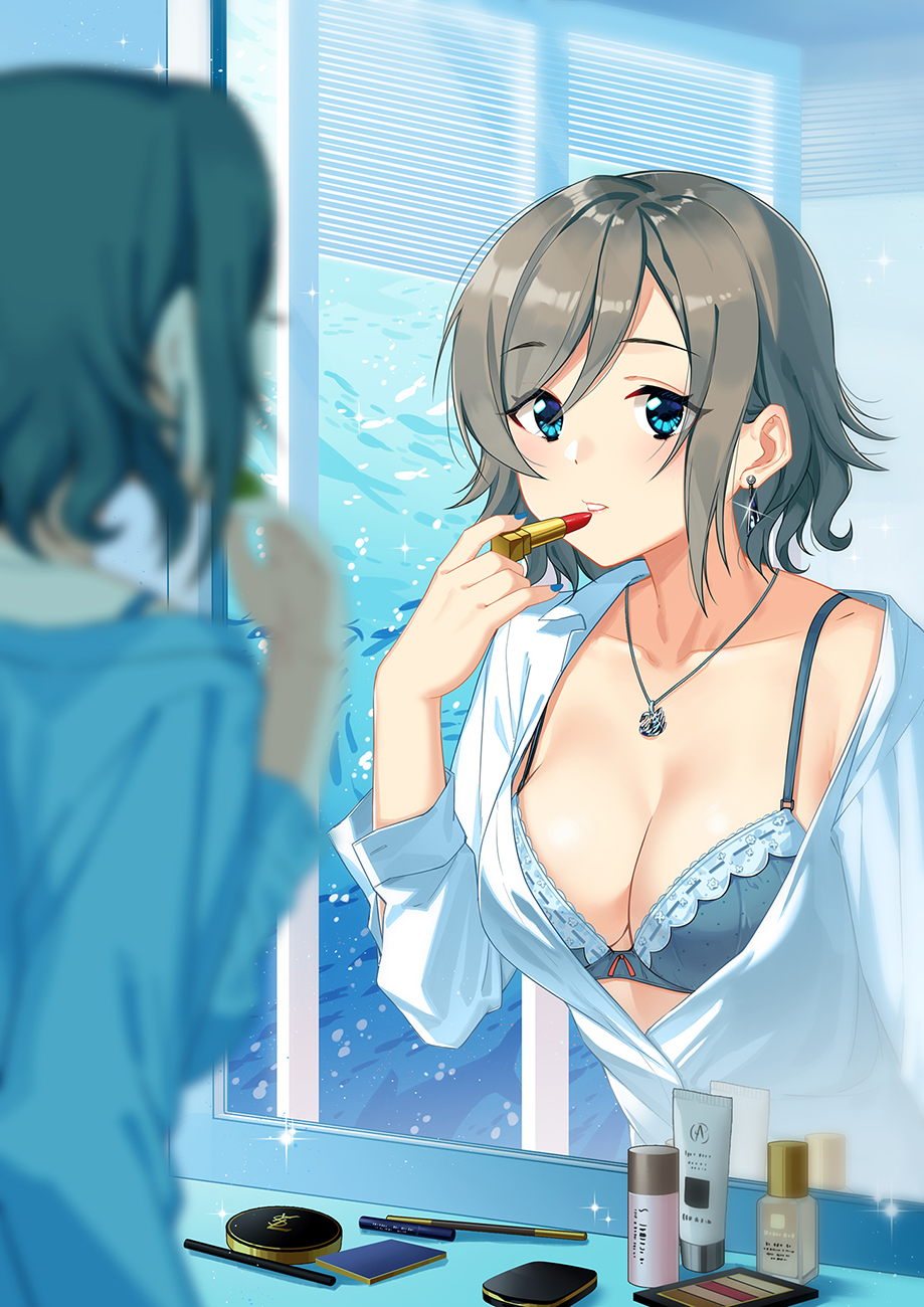1girl applying_makeup aquarium bangs blue_bra blue_eyes blue_nails blurry blurry_foreground blush bra breasts cleavage collarbone commentary_request depth_of_field earrings eyebrows_visible_through_hair fish glint grey_hair highres holding indoors jewelry lipstick long_sleeves love_live! love_live!_sunshine!! makeup medium_breasts mirror nail_polish necklace open_clothes open_shirt parted_lips pendant red_lipstick reflection ribbon-trimmed_bra shirt short_hair solo swept_bangs underwear watanabe_you water white_shirt window zhanzheng_zi