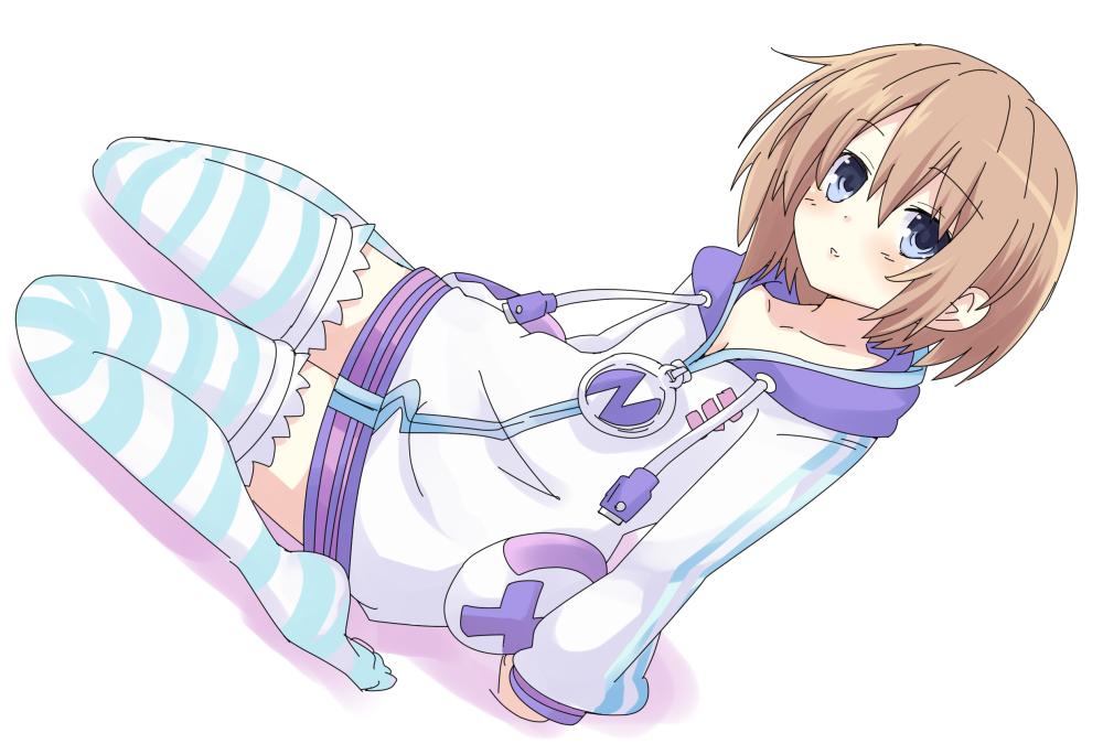 1girl :d blanc blue_eyes blush breasts brown_hair child cleavage commentary_request cosplay full_body hair_between_eyes hood hooded_jacket iwasi-r jacket neptune_(neptune_series) neptune_(neptune_series)_(cosplay) neptune_(series) no_shoes open_mouth short_hair simple_background sitting small_breasts smile solo striped striped_legwear thigh-highs usb wariza white_background zipper