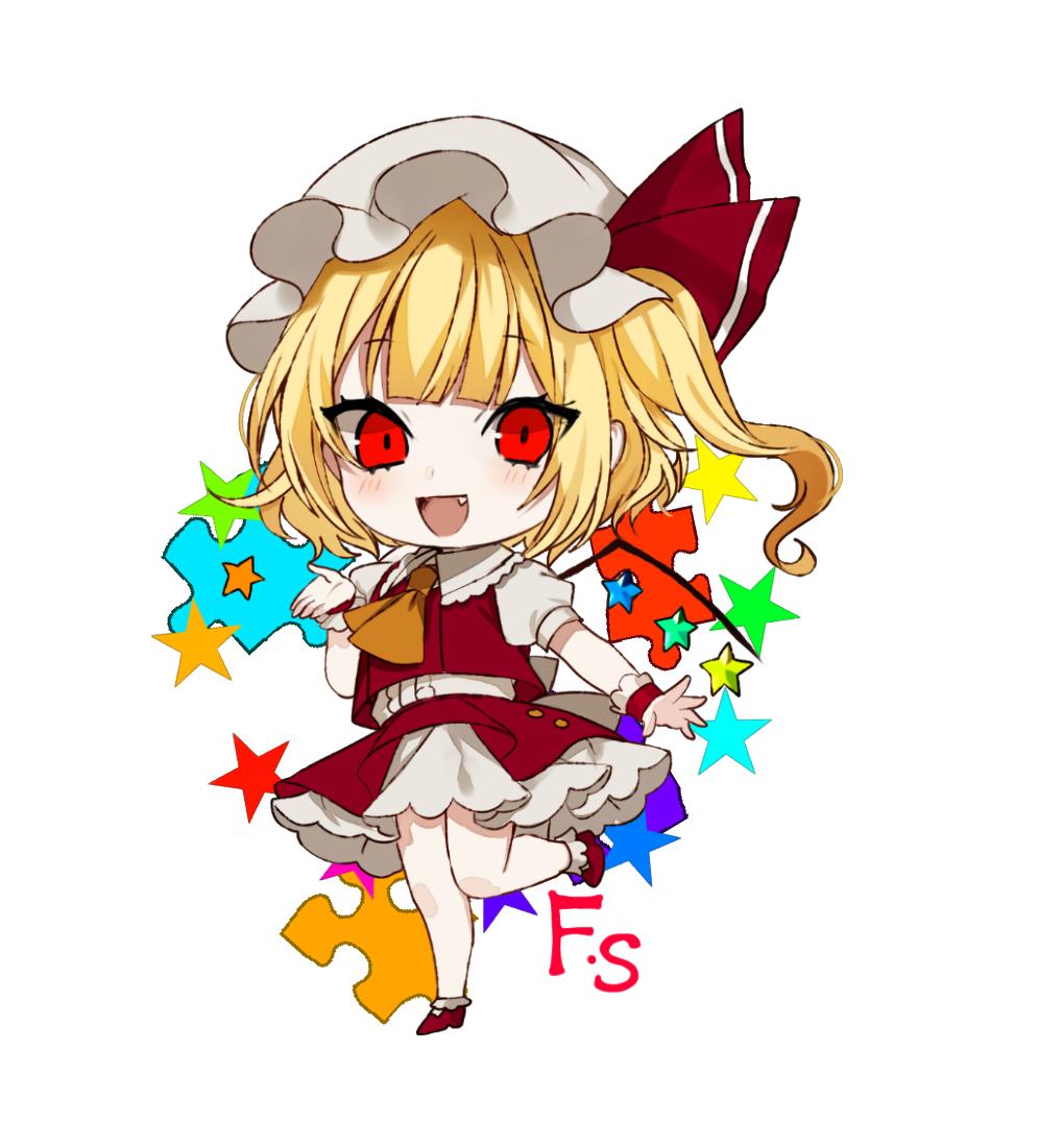 1girl :d ascot bangs blonde_hair blush chibi commentary_request crystal daimaou_ruaeru eyebrows_visible_through_hair fang flandre_scarlet full_body hand_up hat hat_ribbon leg_up looking_at_viewer mary_janes mob_cap one_side_up open_mouth petticoat puffy_short_sleeves puffy_sleeves puzzle_piece red_eyes red_footwear red_ribbon red_skirt red_vest ribbon shoes short_hair short_sleeves simple_background skirt skirt_set smile socks solo standing standing_on_one_leg star touhou vest white_background white_headwear white_legwear wings wrist_cuffs yellow_neckwear