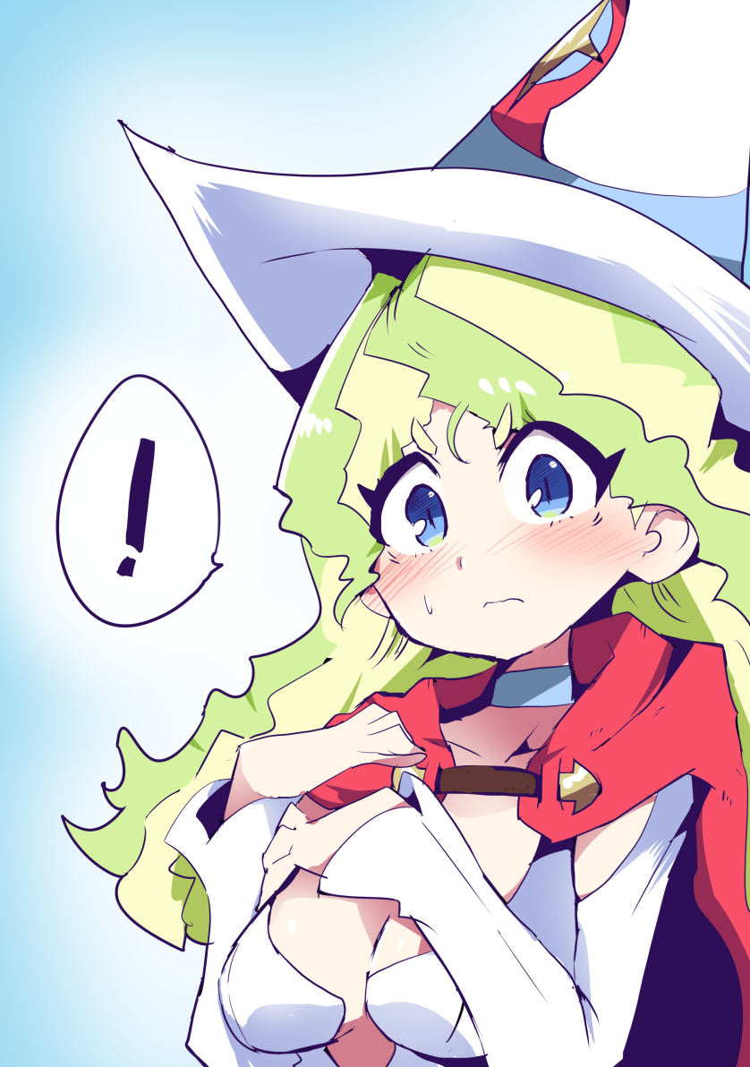 ! 1girl blue_eyes blush breasts cape diana_cavendish eyebrows_visible_through_hair eyes_visible_through_hair hat hys-d light_green_hair little_witch_academia long_sleeves looking_at_viewer medium_breasts multicolored_hair red_cape solo speech_bubble sweatdrop two-tone_hair upper_body white_headwear witch_hat