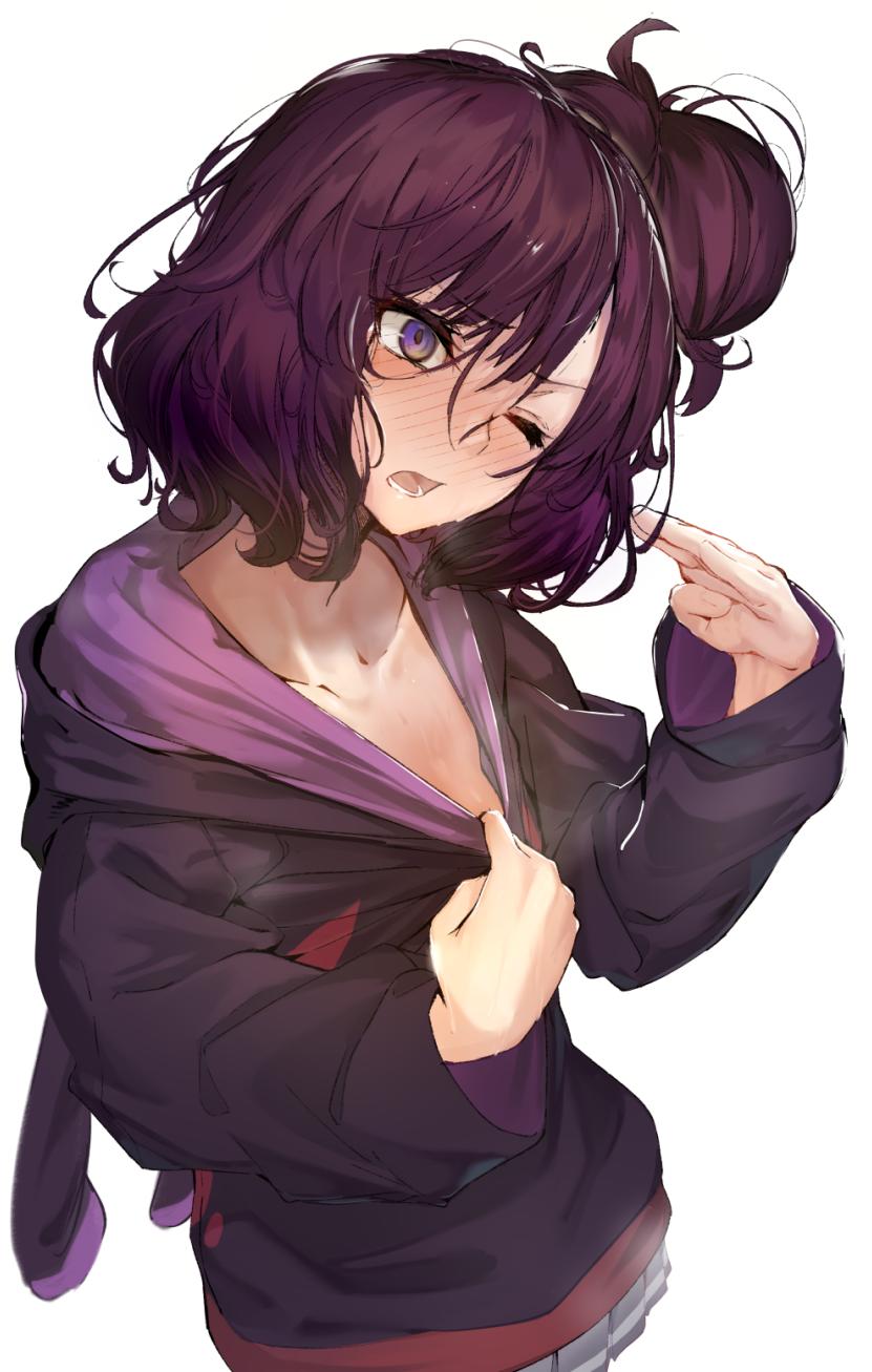 1girl akieda blush collarbone fanning_self fate/grand_order fate_(series) hair_bun highres hood hoodie hot katsushika_hokusai_(fate/grand_order) one_eye_closed pulling purple_hair wavy_hair white_background