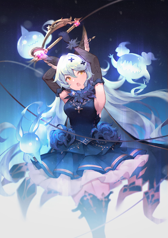 1girl animal_ears armpits arms_up bangs black_gloves black_legwear blue_hair blush breasts brown_eyes elbow_gloves erune ferry_(granblue_fantasy) fur_trim ghost gloves granblue_fantasy hair_between_eyes hair_ornament jewelry long_hair looking_at_viewer medium_breasts open_mouth rabbit_ears sideboob solo standing thigh-highs very_long_hair vienri wavy_hair whip x_hair_ornament yellow_eyes