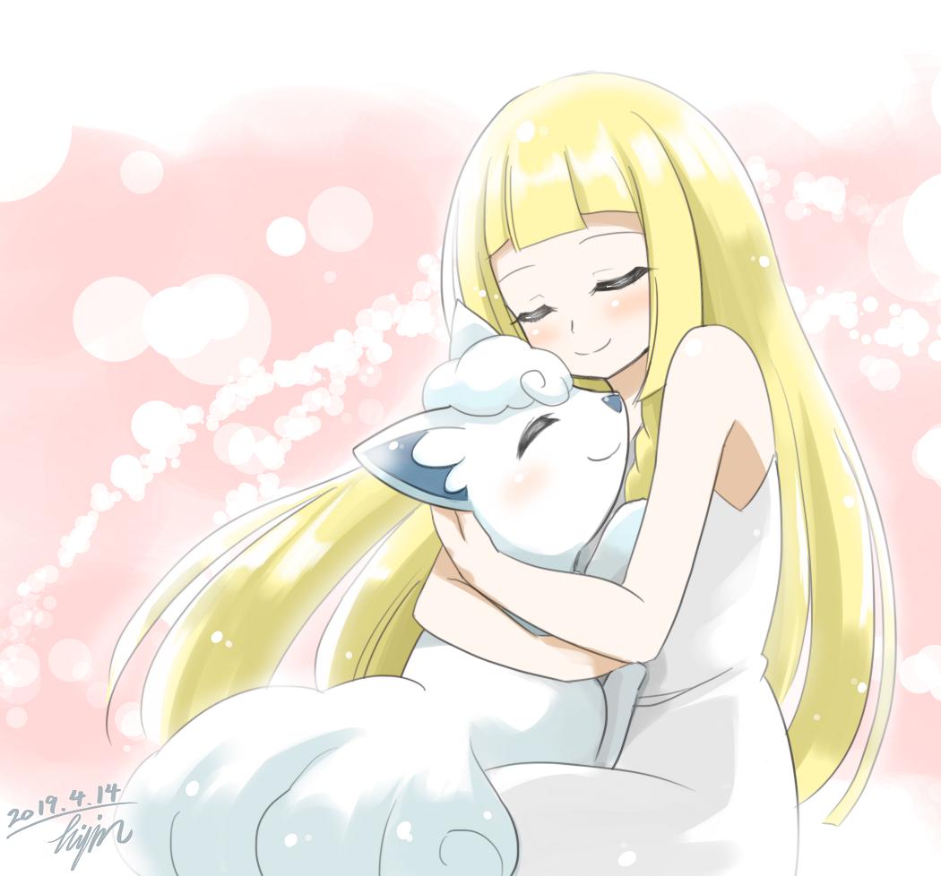 1girl 2019 alolan_vulpix blonde_hair closed_eyes creatures_(company) dated fox game_freak hisin hug lillie_(pokemon) nintendo pokemon pokemon_(anime) pokemon_(creature) pokemon_sm_(anime) smile