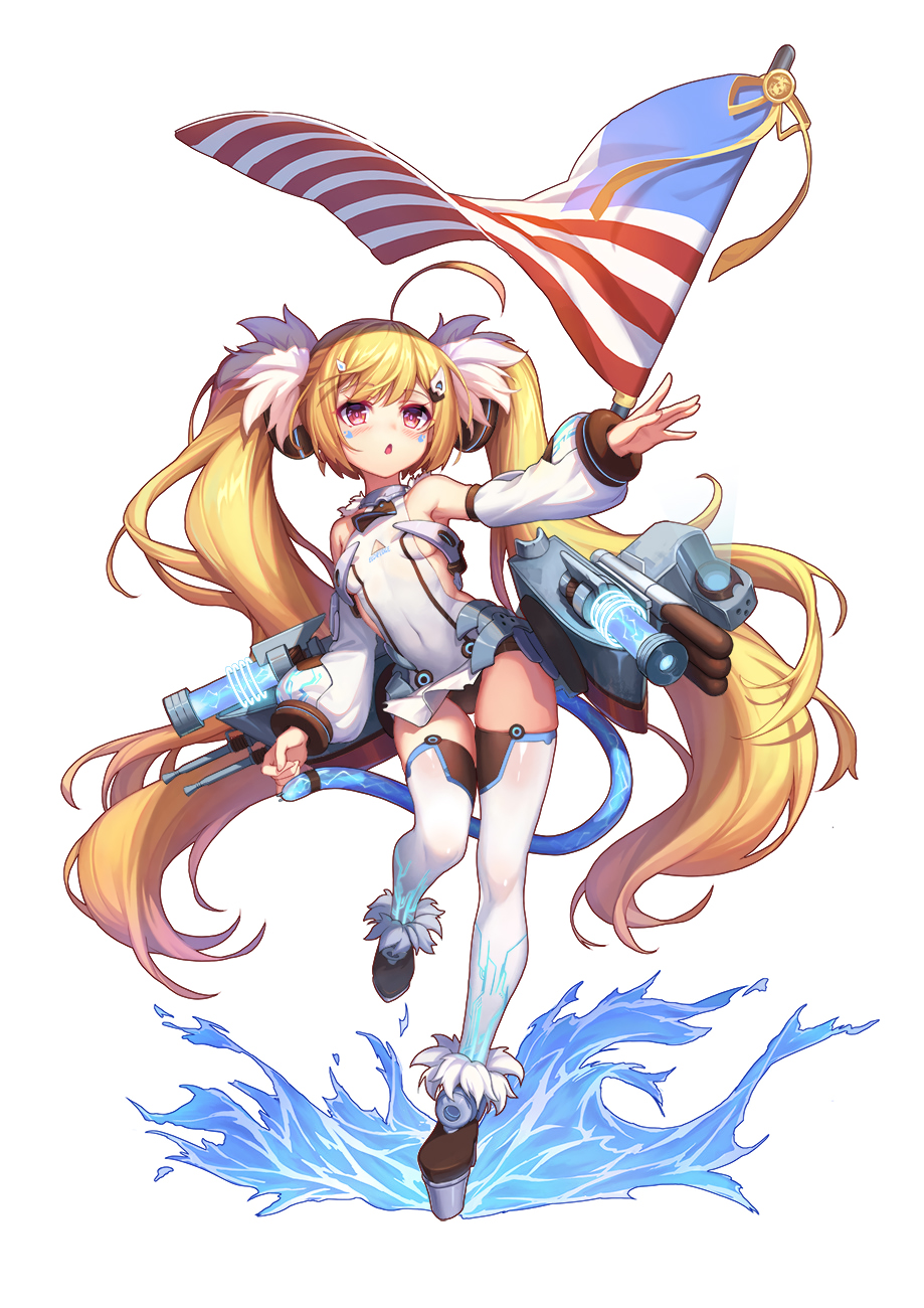 1girl ahoge american_flag azur_lane blonde_hair breasts bright_pupils covered_navel detached_sleeves eldridge_(azur_lane) eyebrows_visible_through_hair facial_mark full_body highres latioss leotard long_hair open_mouth outstretched_arm pink_eyes rigging simple_background small_breasts solo standing standing_on_one_leg tail thigh-highs twintails very_long_hair white_background white_legwear