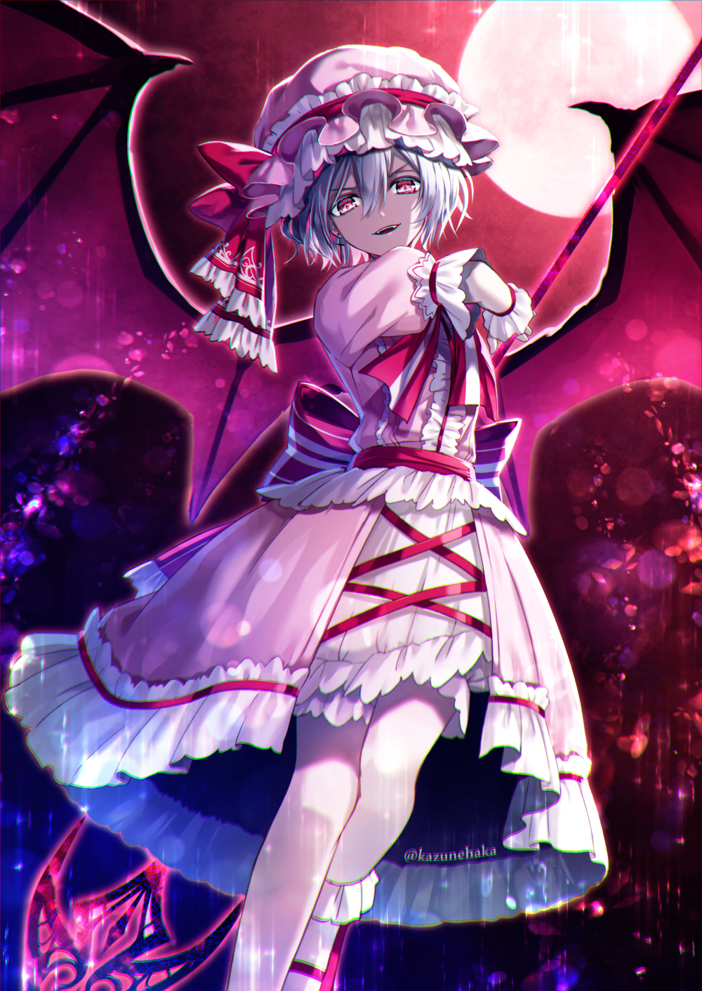 1girl arm_up bat_wings bloomers blouse blue_hair blurry bobby_socks bokeh depth_of_field embellished_costume evil_grin evil_smile fangs full_moon furrowed_eyebrows grin hair_between_eyes hat hat_ribbon head_tilt highres holding holding_spear holding_weapon kazunehaka layered_skirt light_particles looking_at_viewer mob_cap moon neck_ribbon night open_mouth outdoors pale_skin parted_lips pink_blouse pink_headwear pink_skirt polearm red_eyes red_footwear red_moon red_sky remilia_scarlet ribbon sash short_hair short_sleeves skirt sky smile socks solo spear spear_the_gungnir standing standing_on_one_leg striped striped_neckwear touhou twitter_username underwear upper_teeth weapon wings wrist_cuffs