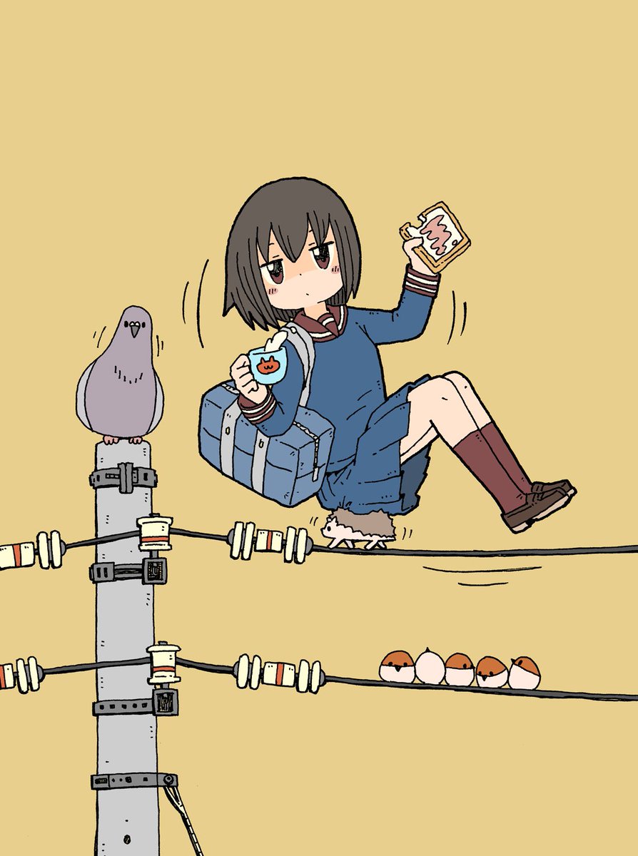 1girl bag bird brown_eyes brown_hair carrying commentary cup food hedgehog highres holding jitome milk original pigeon riding school_bag school_uniform serafuku shaded_face short_hair simple_background sparrow stabbed telegraph_lines toast yukimoto_shuuji_(gurigura)