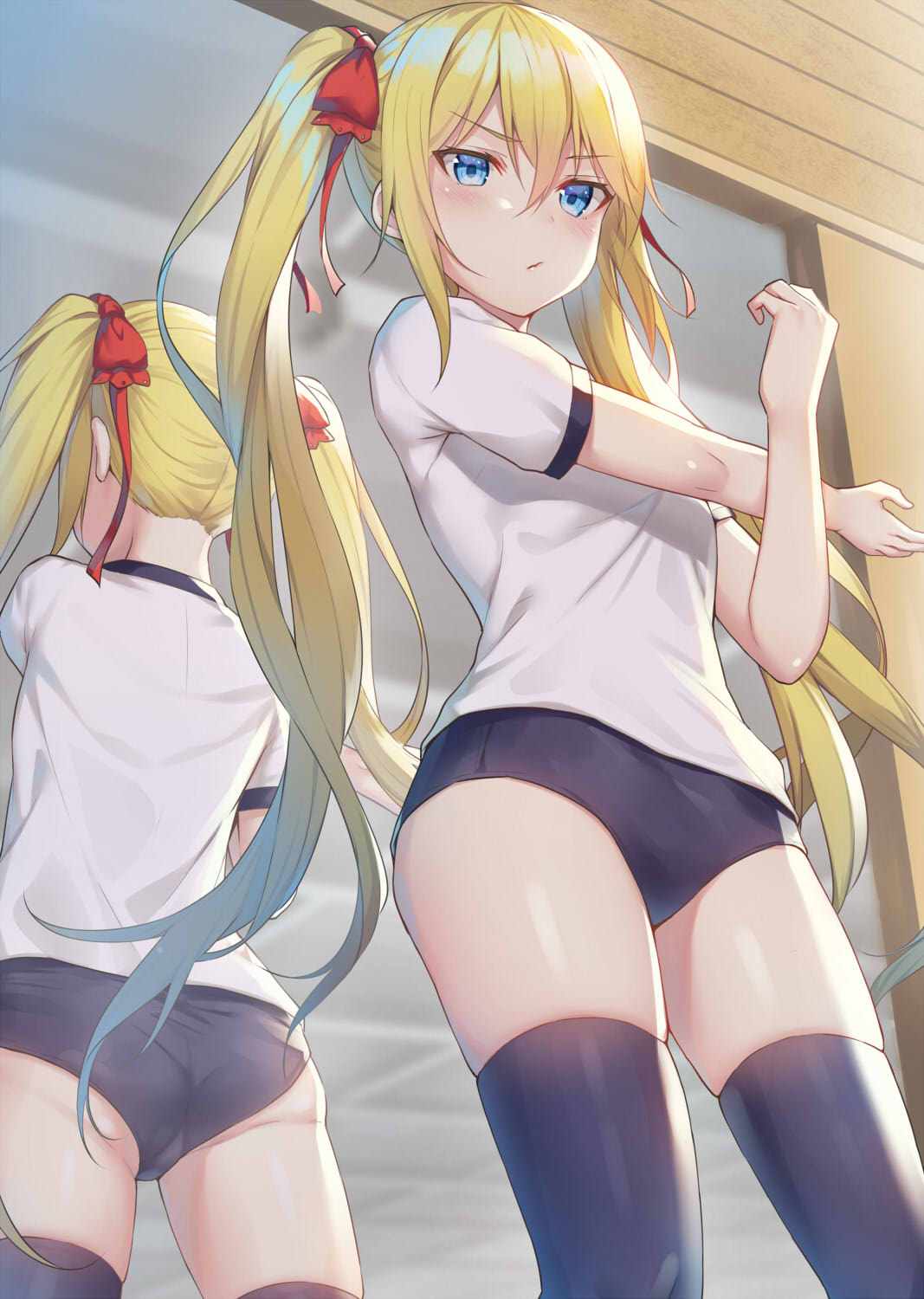 1girl alexmaster ass bangs black_buruma black_legwear blonde_hair blue_eyes blue_hair blush bow buruma closed_mouth commentary_request cowboy_shot exercise eyebrows_visible_through_hair from_below frown gradient_hair gym_shirt gym_uniform hair_between_eyes hair_bow hair_ribbon highres indoors long_hair looking_at_viewer mirror multicolored_hair original puffy_short_sleeves puffy_sleeves red_bow red_ribbon reflection ribbon shirt short_sleeves sidelocks skindentation solo standing thigh-highs thighs twintails v-shaped_eyebrows very_long_hair white_shirt wooden_wall